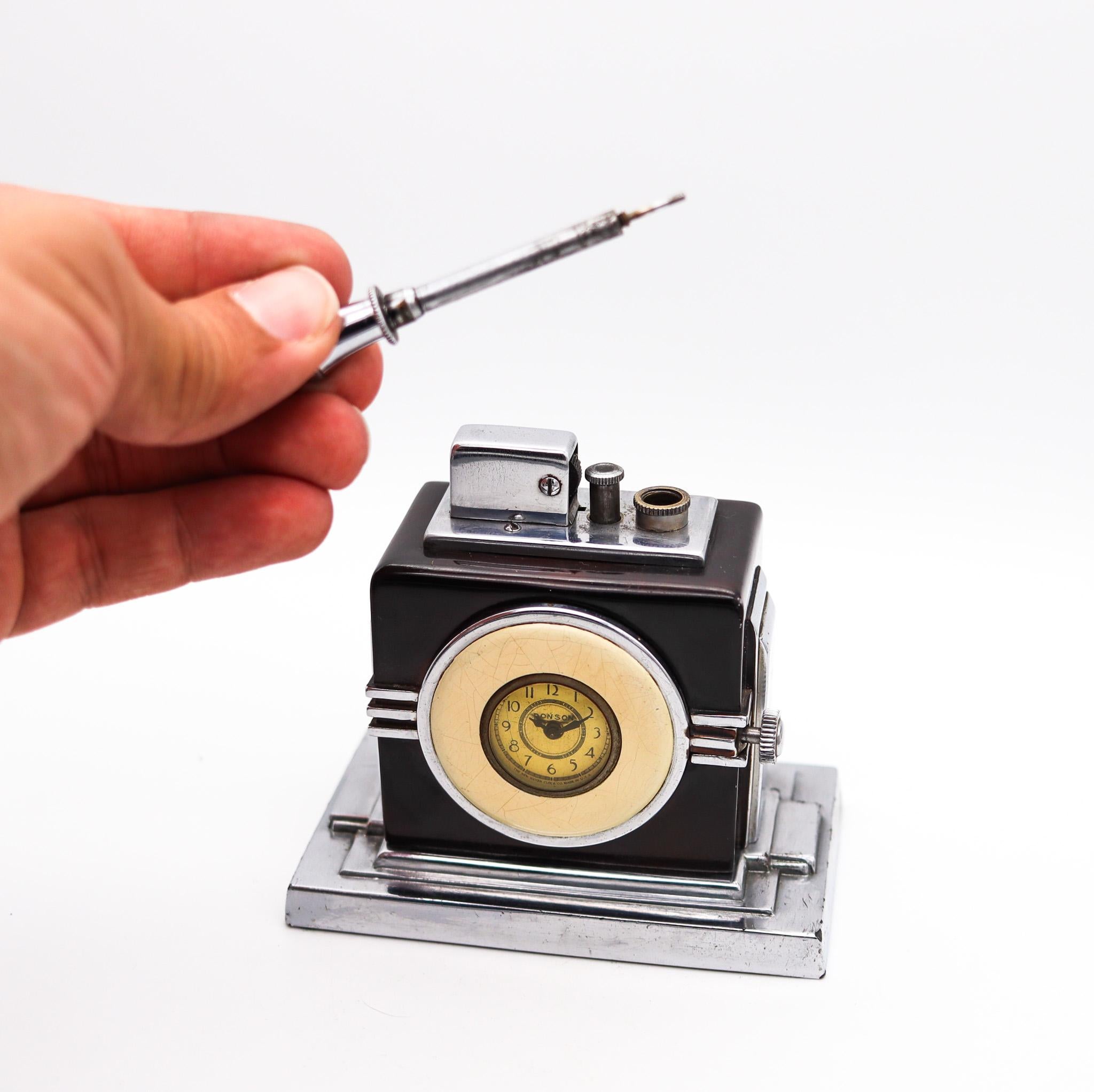 Hand-Crafted Ronson 1936 Art Deco Maltese Machine Age Small Dial Clock With Touch-Tip Lighter