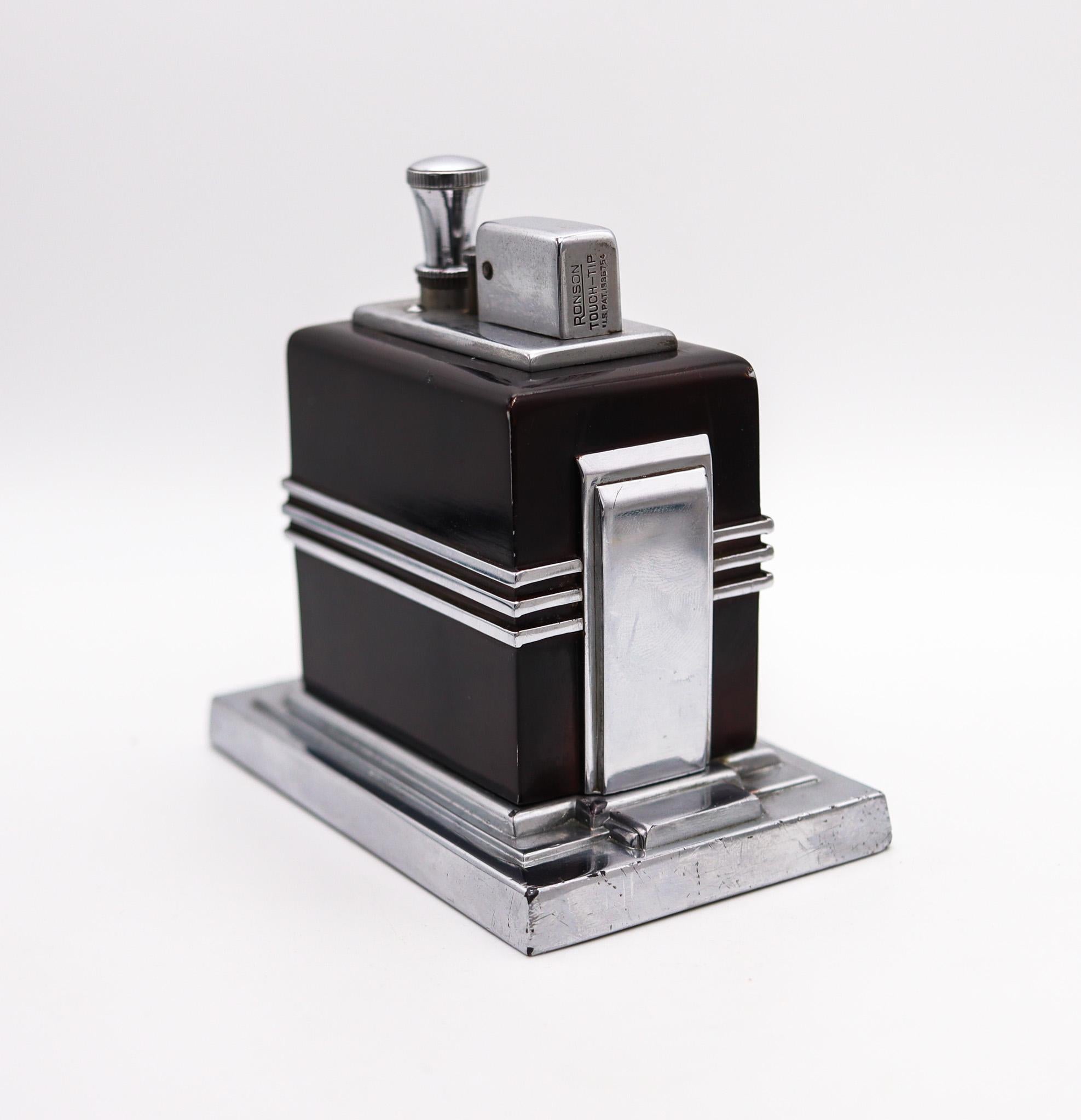 Steel Ronson 1936 Art Deco Maltese Machine Age Small Dial Clock With Touch-Tip Lighter