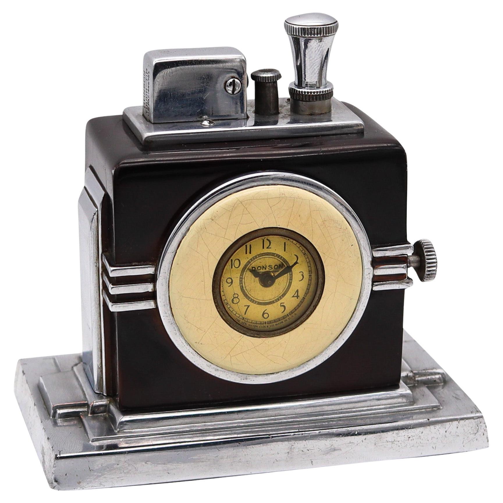 Ronson 1936 Art Deco Maltese Machine Age Small Dial Clock With Touch-Tip Lighter For Sale