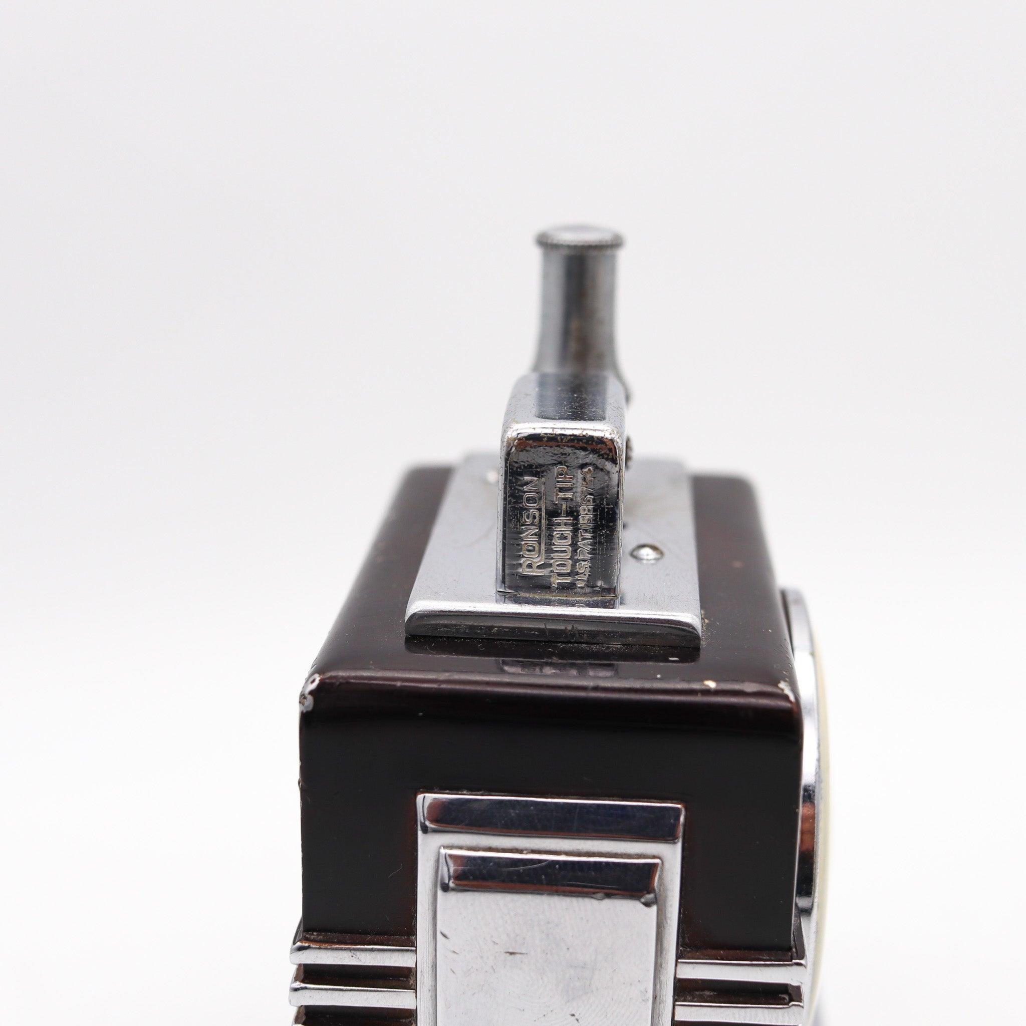 American RONSON 1936 Art Deco Maltese Small Dial Clock With Touch-Tip Lighter