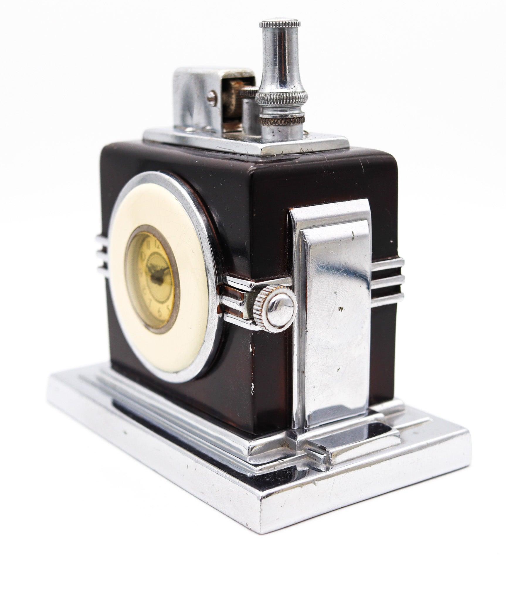 RONSON 1936 Art Deco Maltese Small Dial Clock With Touch-Tip Lighter 1