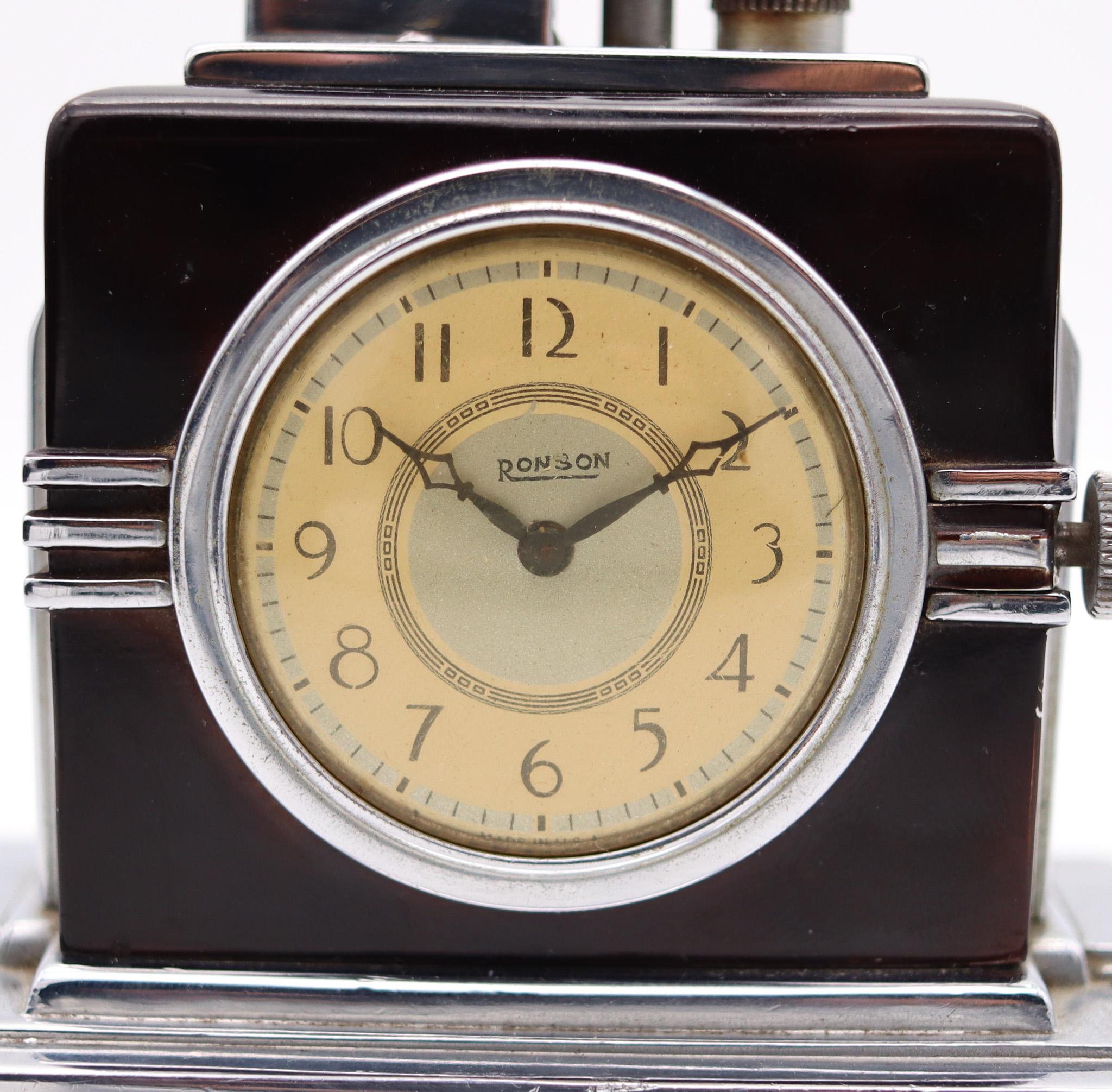 Ronson 1936 Maltese Art Deco Machine Age Black Clock Touch Tip Lighter In Excellent Condition In Miami, FL