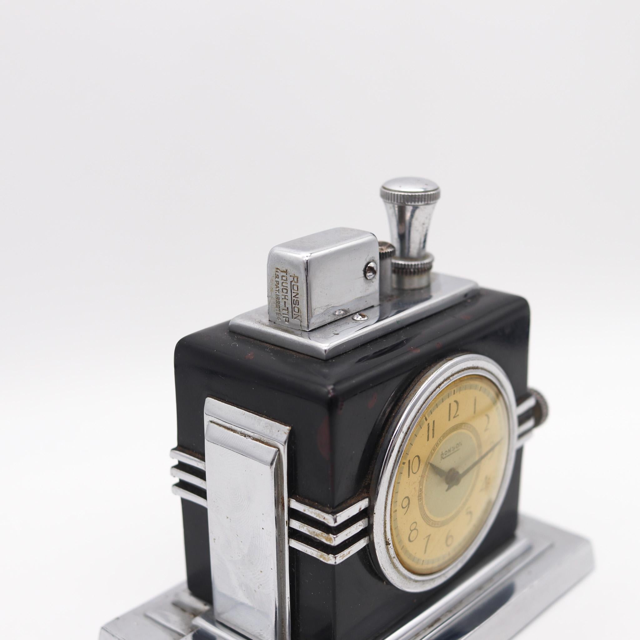 Hand-Crafted Ronson 1936 Maltese Art Deco Machine Age Black Clock With Touch Tip Lighter For Sale