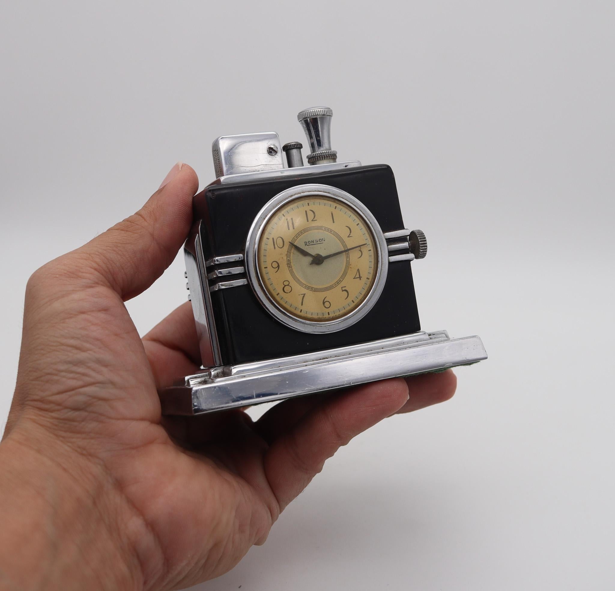 Ronson 1936 Malteser Art Deco Machine Age Schwarz Uhr mit Touch Tip Lighter (Mitte des 20. Jahrhunderts) im Angebot