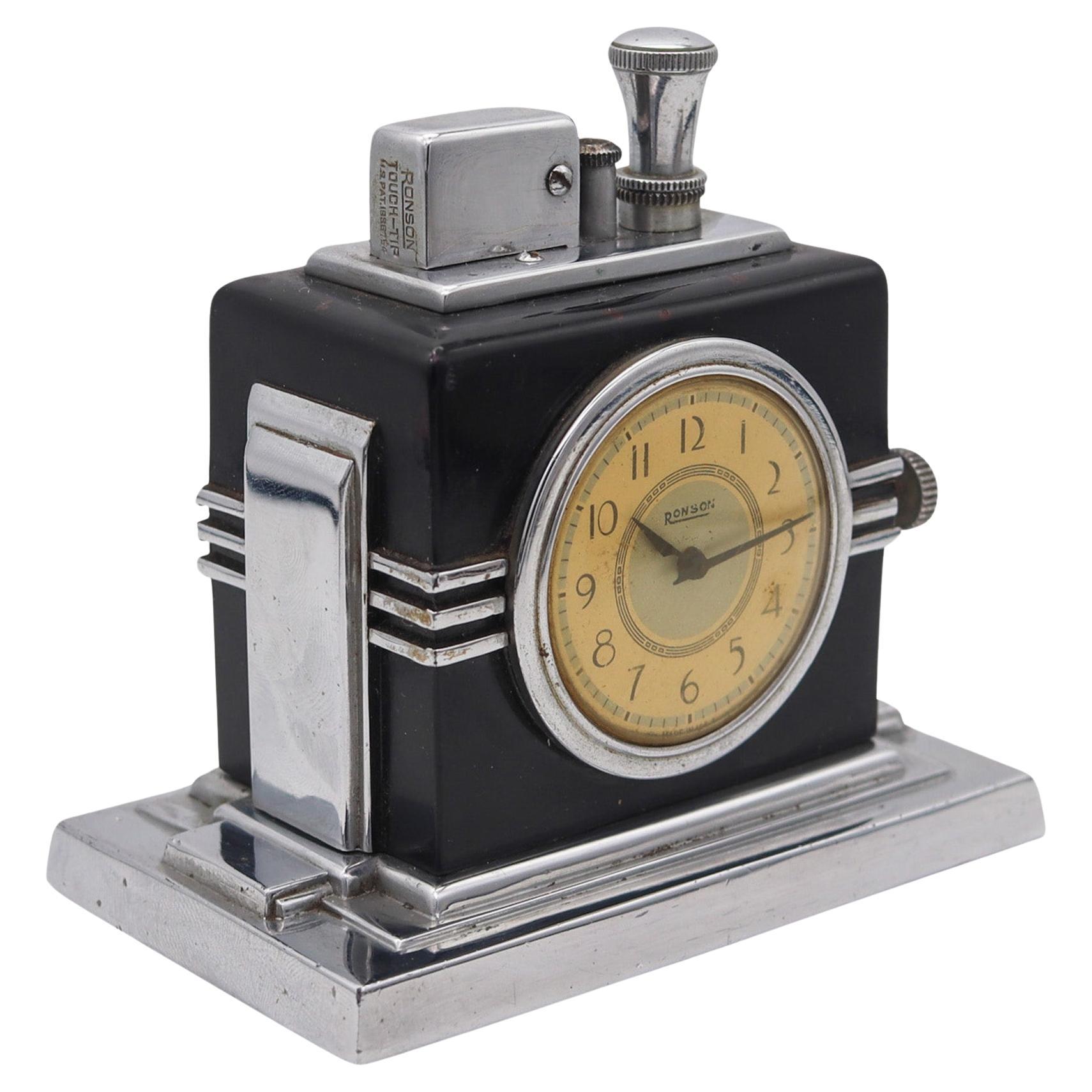 Ronson 1936 Malteser Art Deco Machine Age Schwarz Uhr mit Touch Tip Lighter im Angebot