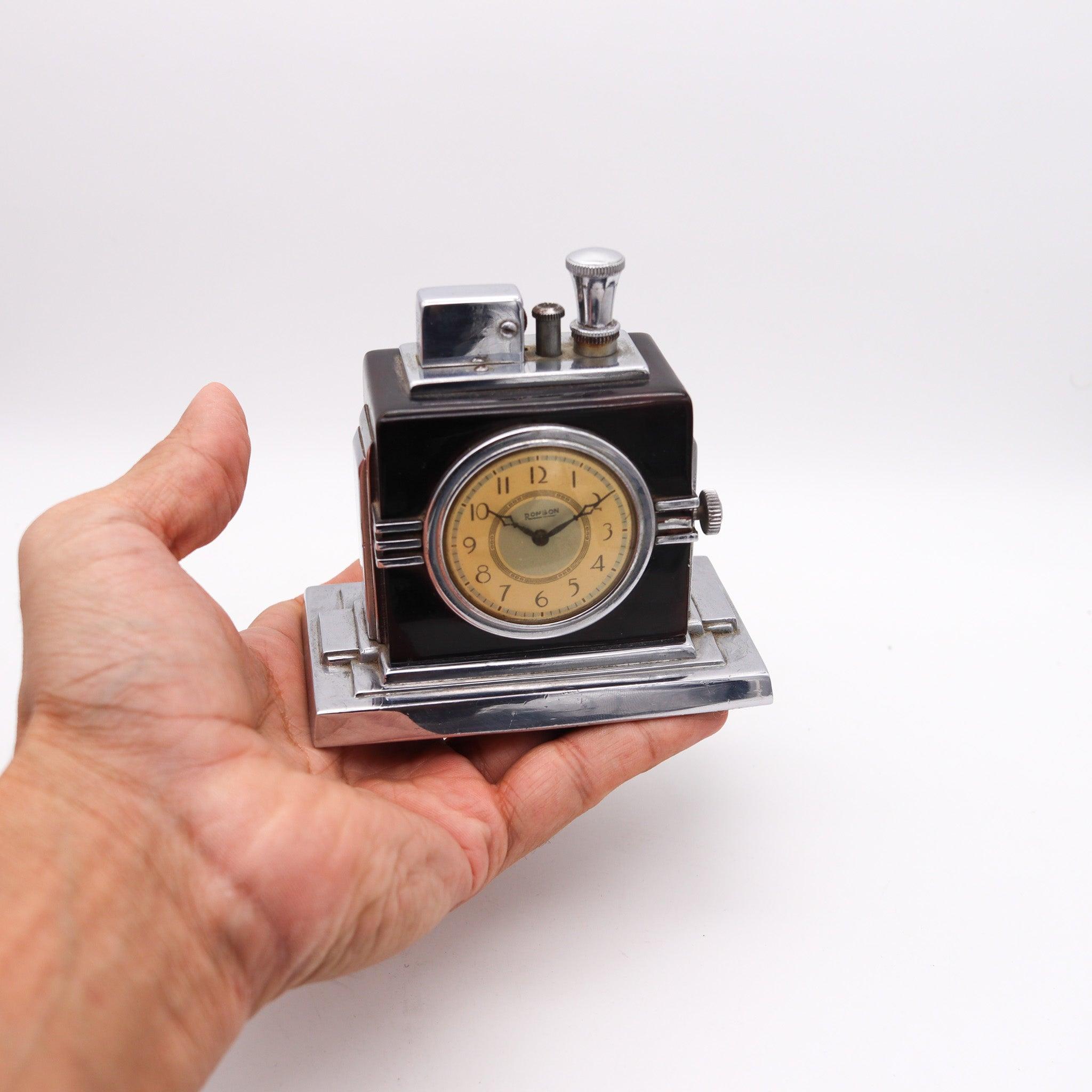 RONSON 1936 Malte Art Déco Machine Age Desk Black Clock and Touch-Tip Lighter en vente 2