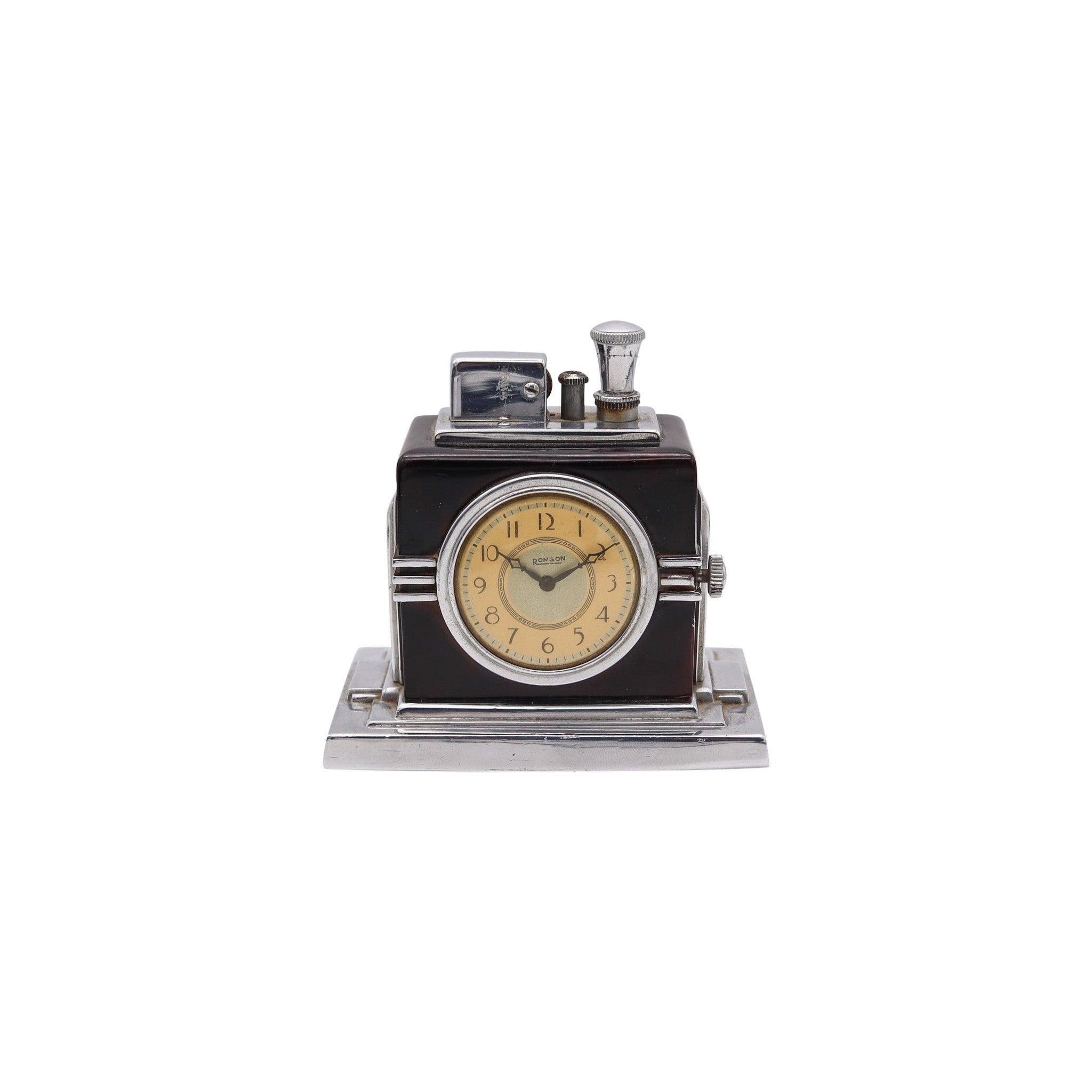 Art déco RONSON 1936 Malte Art Déco Machine Age Desk Black Clock and Touch-Tip Lighter en vente