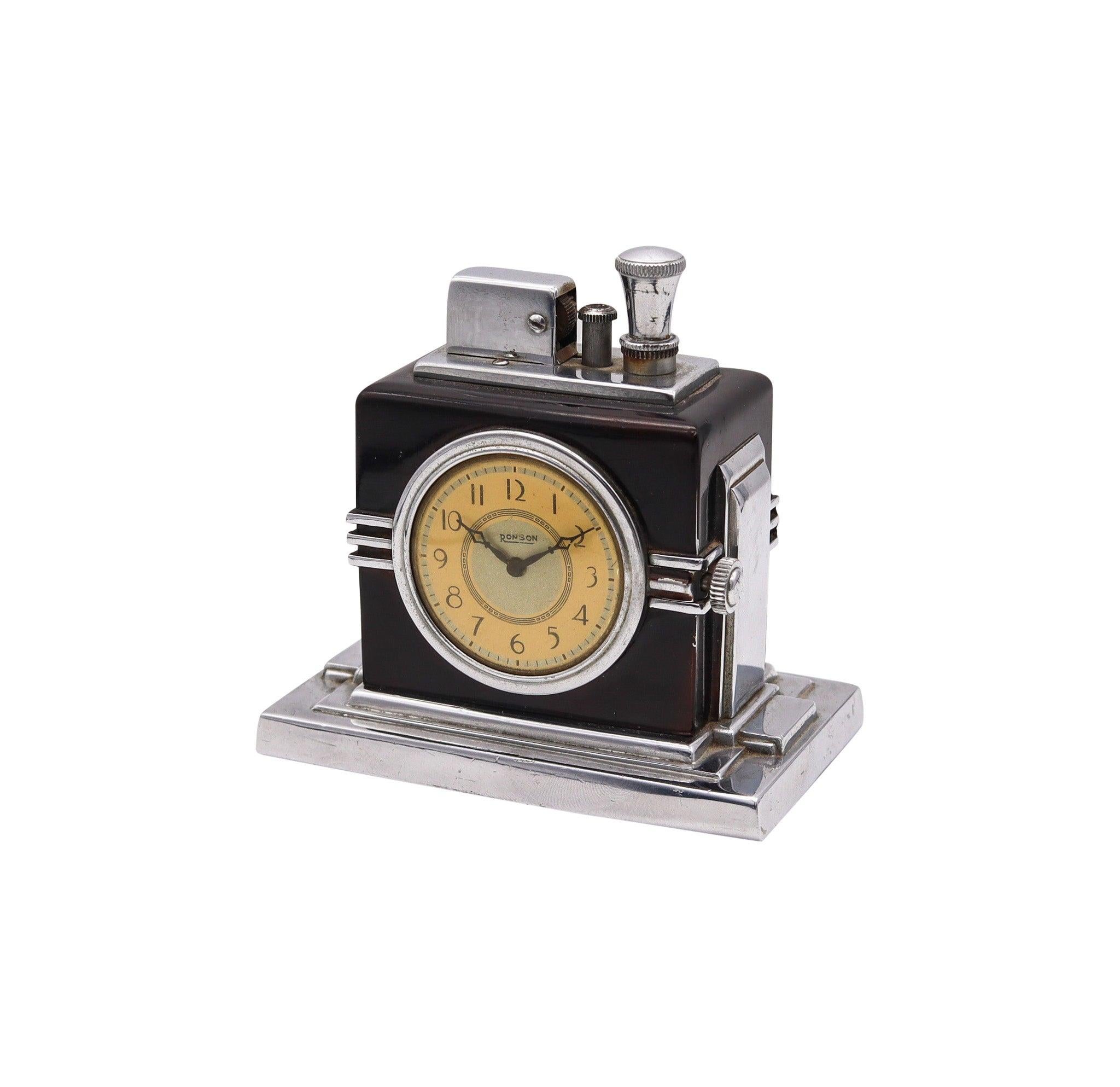Nord-américain RONSON 1936 Malte Art Déco Machine Age Desk Black Clock and Touch-Tip Lighter en vente