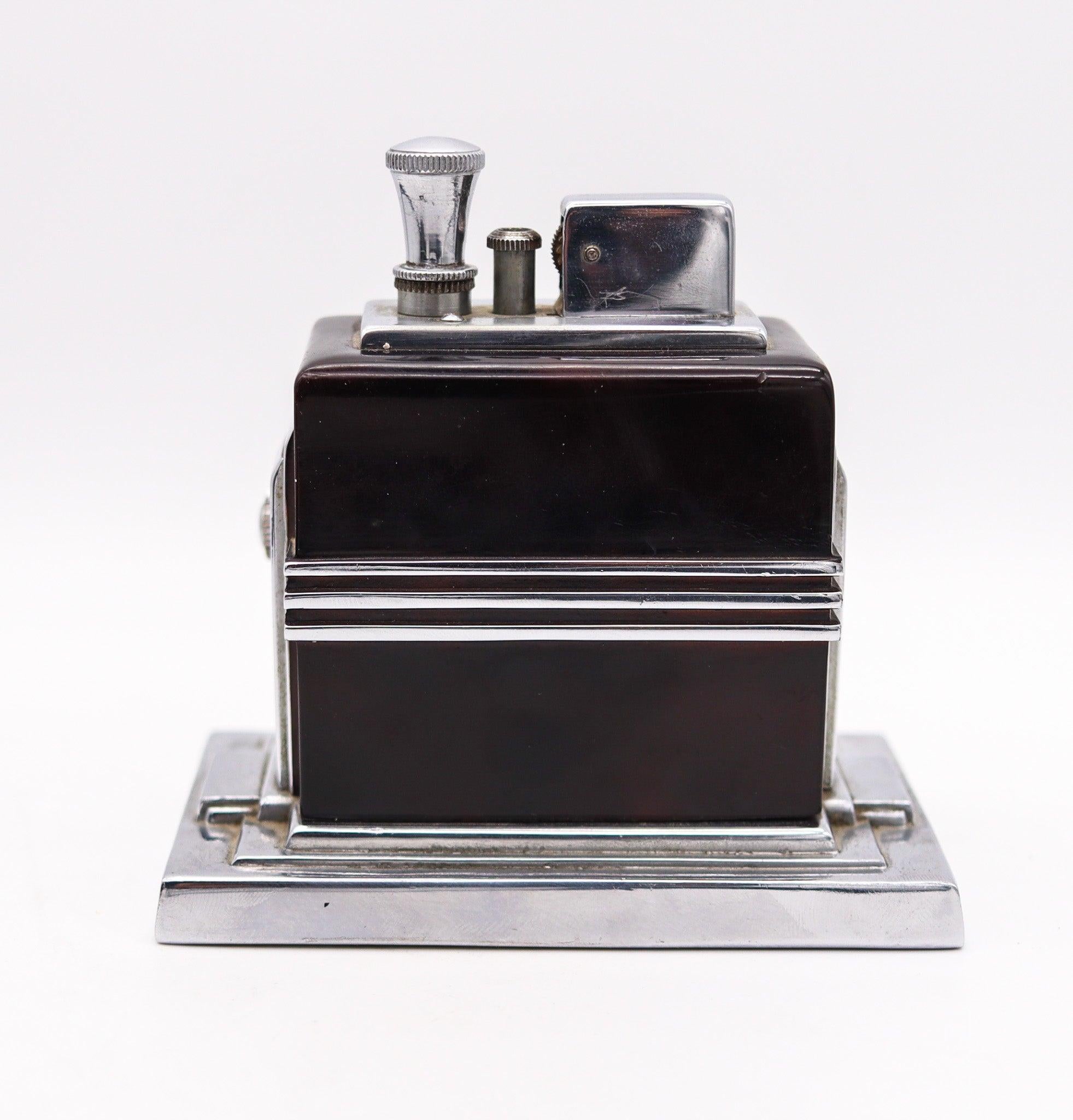 Acier RONSON 1936 Malte Art Déco Machine Age Desk Black Clock and Touch-Tip Lighter en vente