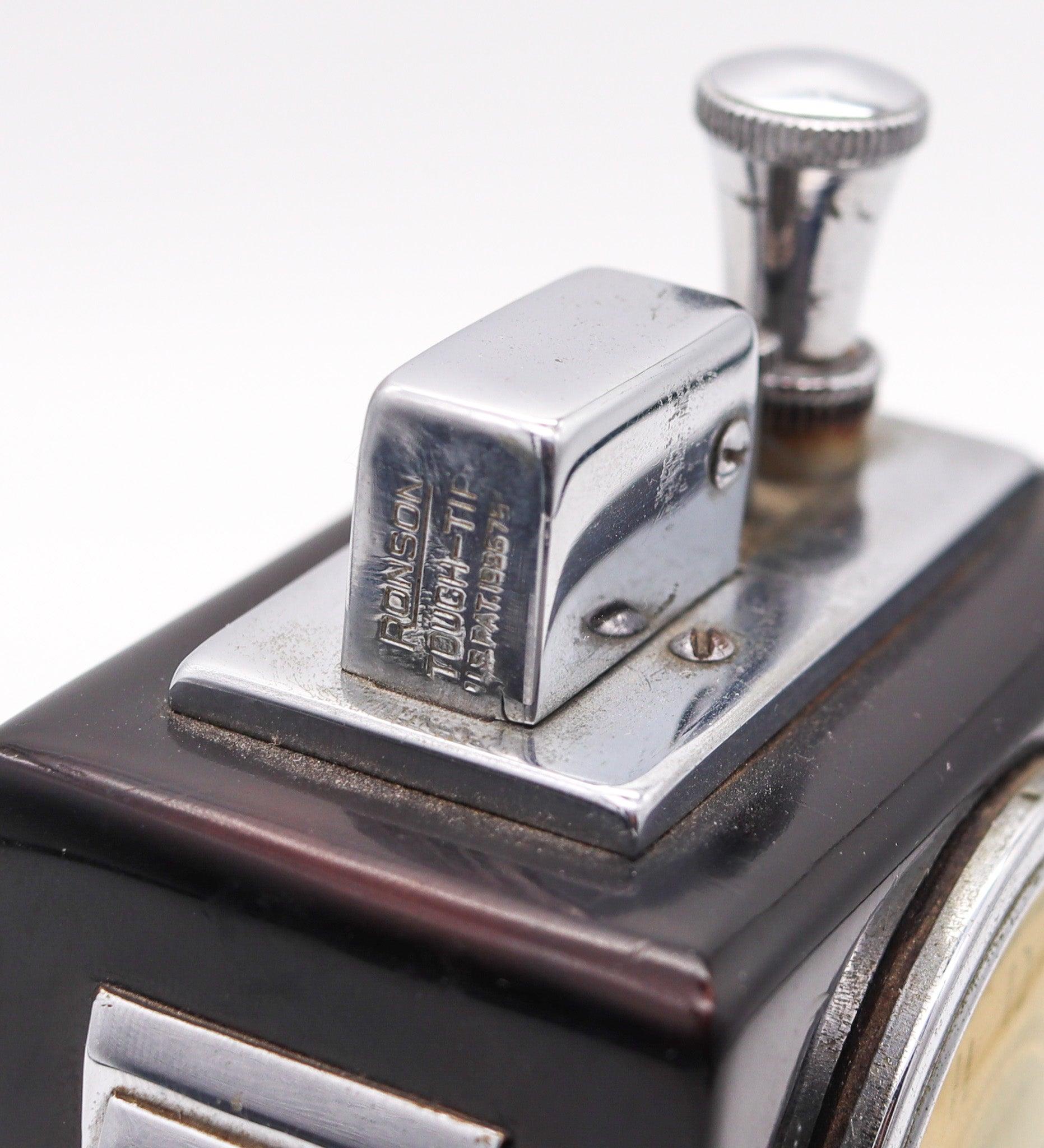 RONSON 1936 Malte Art Déco Machine Age Desk Black Clock and Touch-Tip Lighter en vente 1