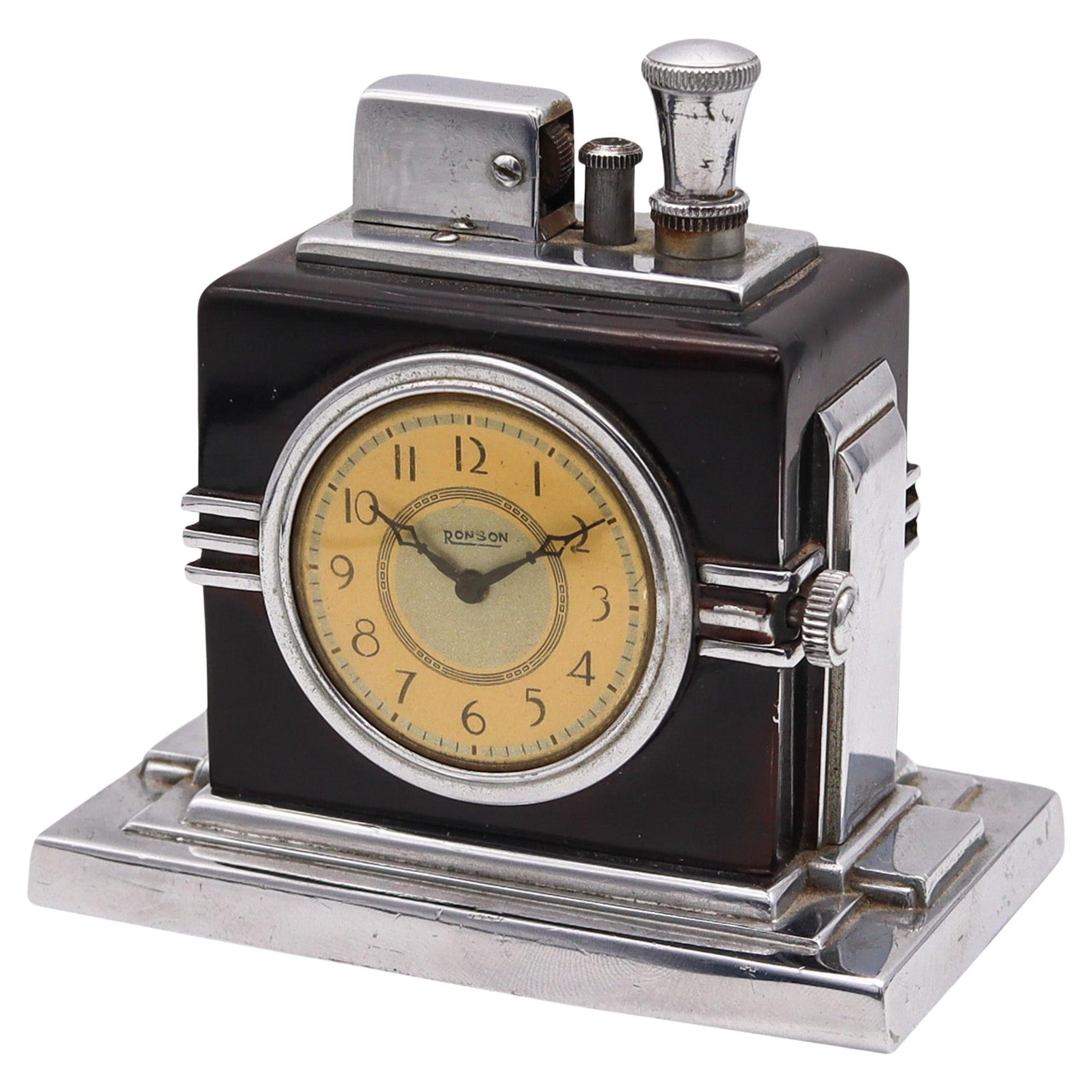 RONSON 1936 Maltese Art Deco Machine Age Desk Black Clock And Touch-Tip Lighter