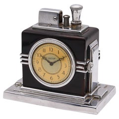 Vintage RONSON 1936 Maltese Art Deco Machine Age Desk Black Clock And Touch-Tip Lighter