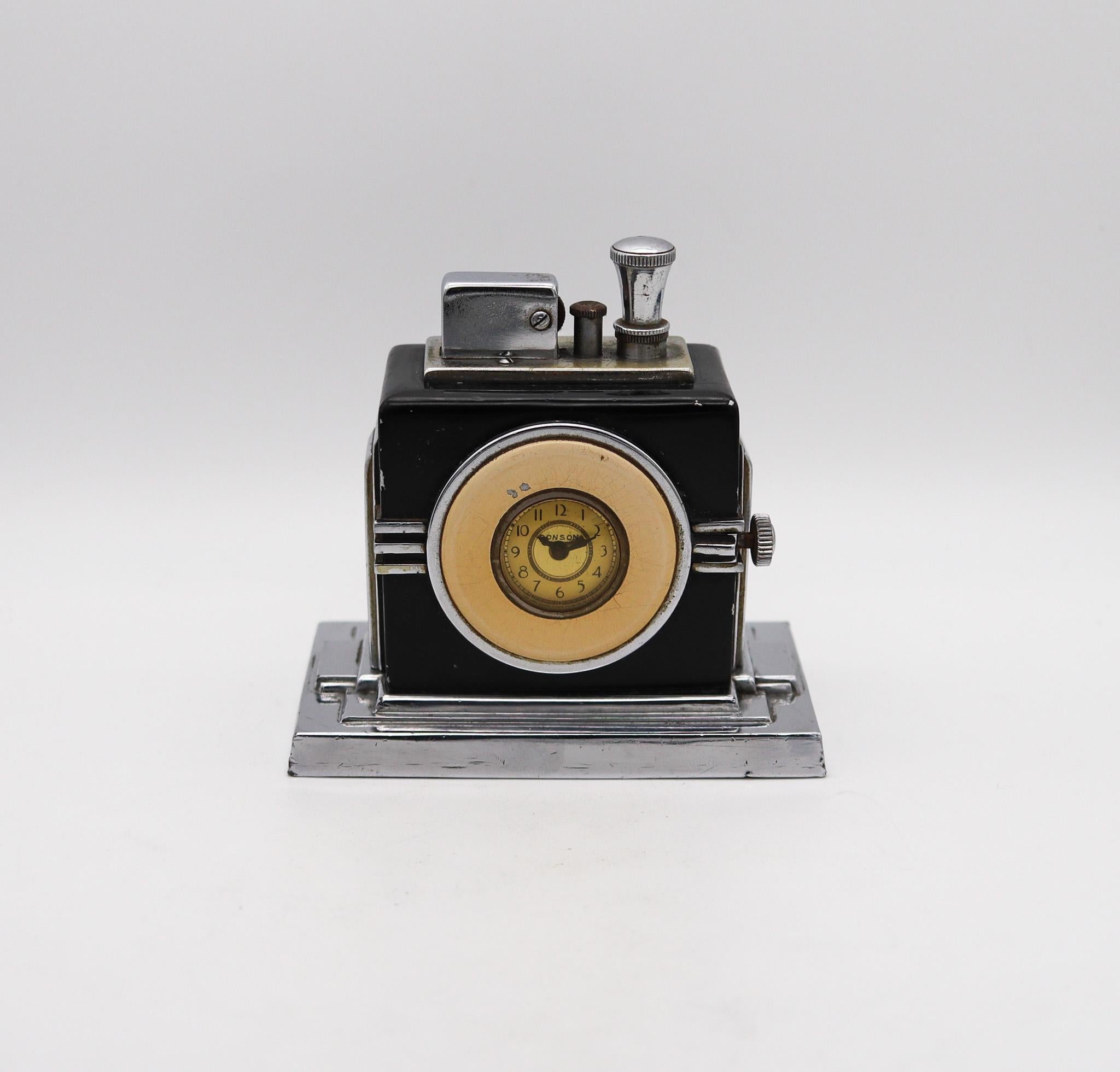 A Maltese clock & touch tip lighter designed by Ronson.

This is an extremely rare Ronson Maltese clock Touch-Tip lighter. This is a very iconic piece made in 1936 at Newark, New Jersey in the United States by the Ronson Art Metal Works Inc. This