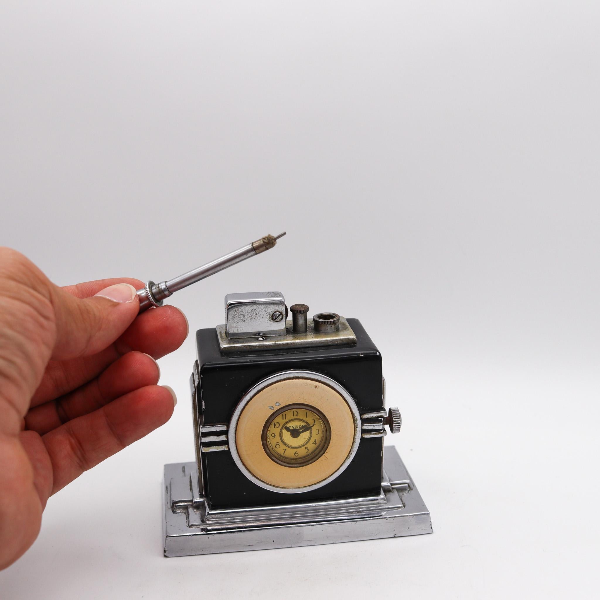 Hand-Crafted Ronson 1936 Maltese Art Deco Machine Age Small Dial Clock With Touch-Tip Lighter