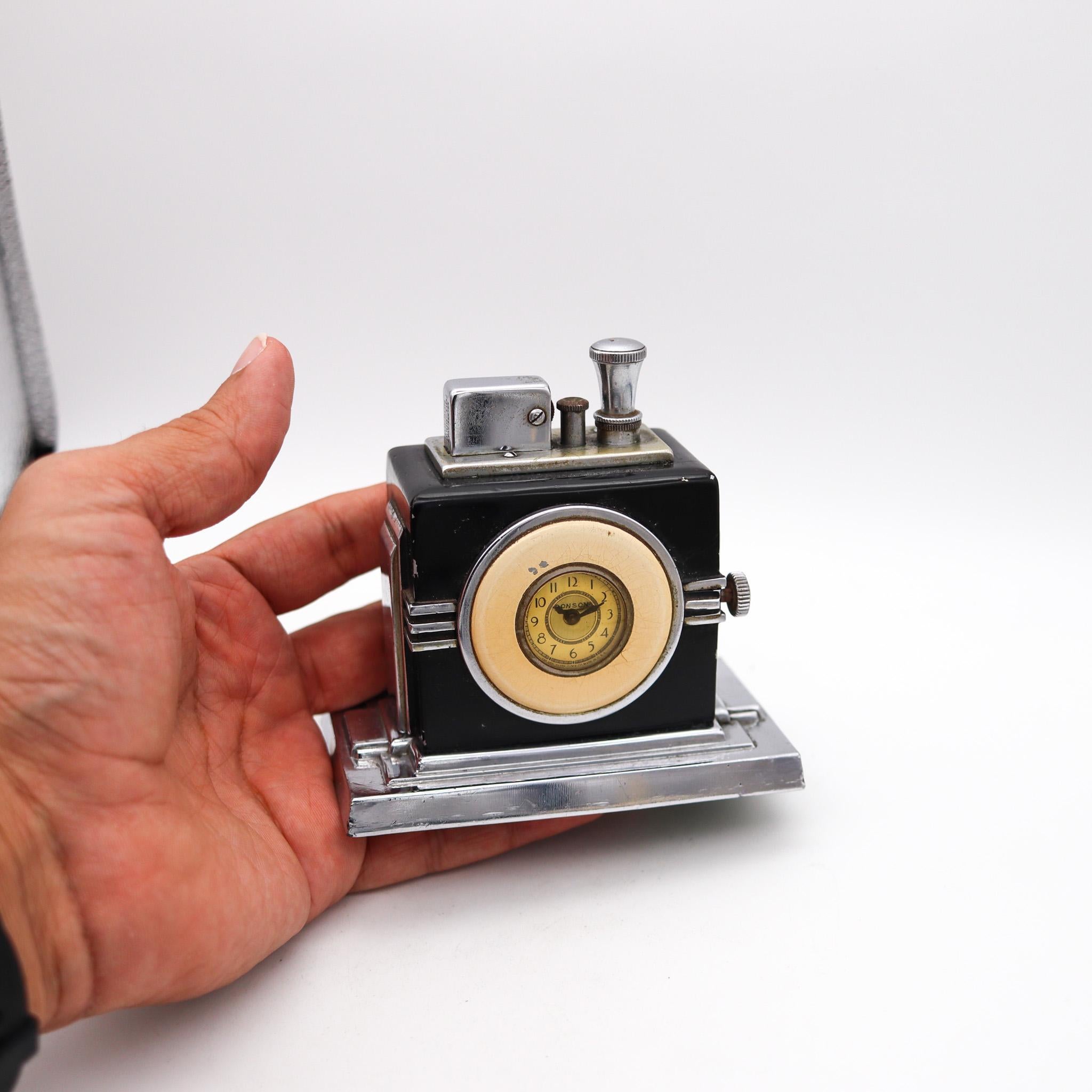 Ronson 1936 Maltese Art Deco Machine Age Small Dial Clock With Touch-Tip Lighter In Excellent Condition In Miami, FL