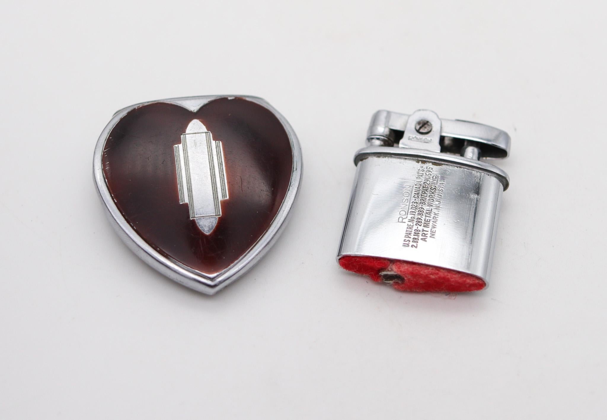 Lacquered Ronson 1937 Art Deco Heart Lighter Faux Tortoise Lacquer And Chromed Steel For Sale