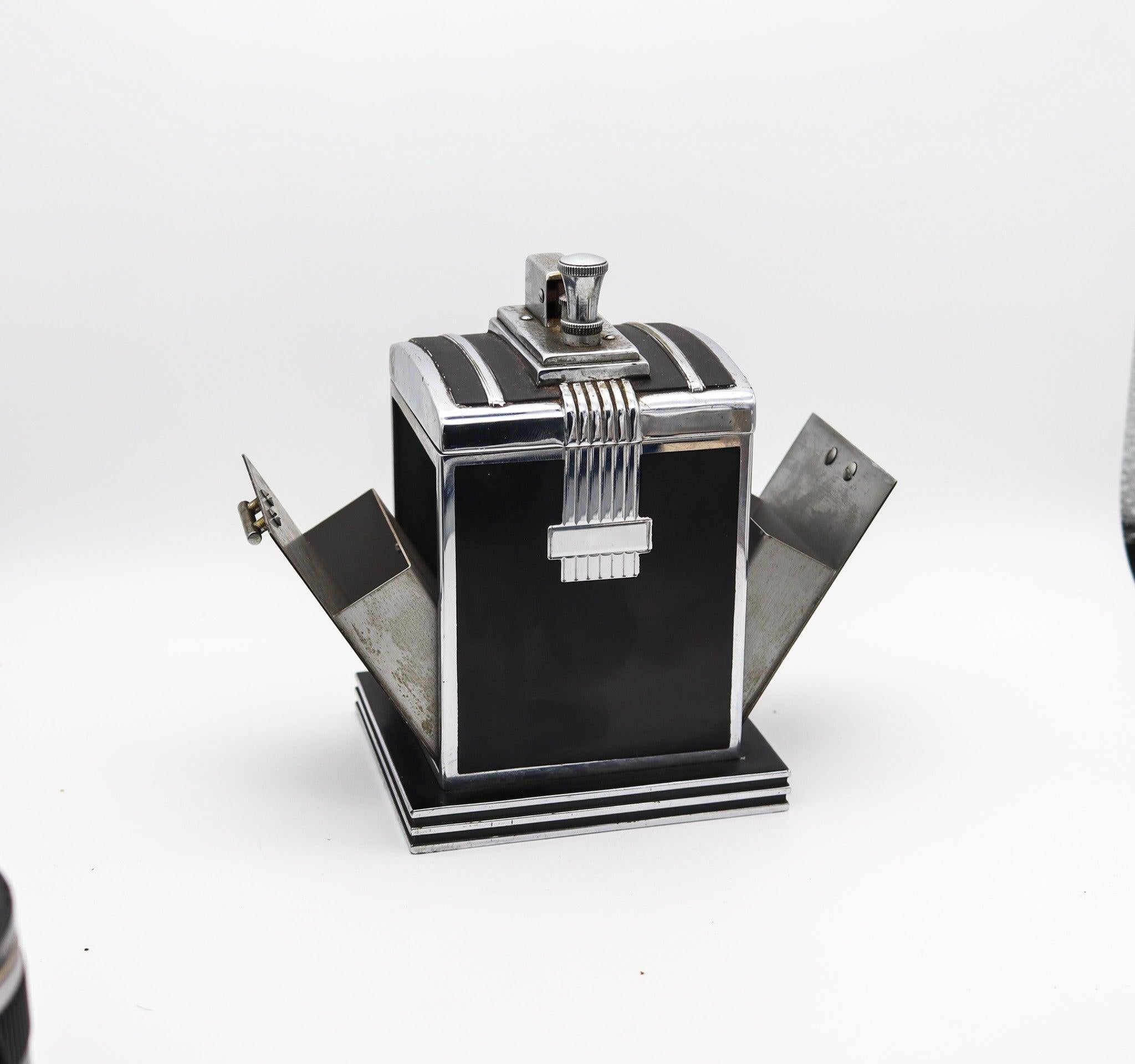 Émail RONSON 1937 Art Déco T-T Smoker's Desk Double Box & Touch Tip Lighter en vente