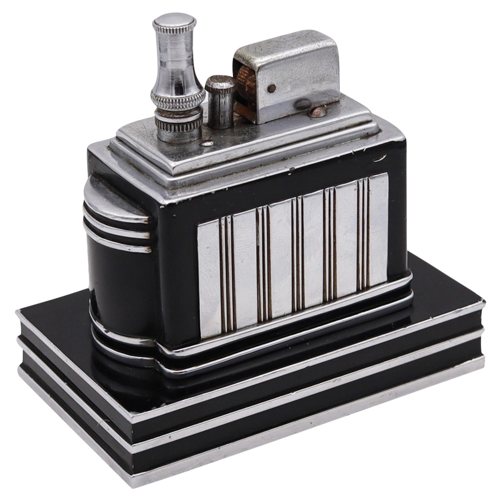 Ronson 1938 Art Deco Machine Age Black Geometric Deluxe Classic Touch Tip Lights