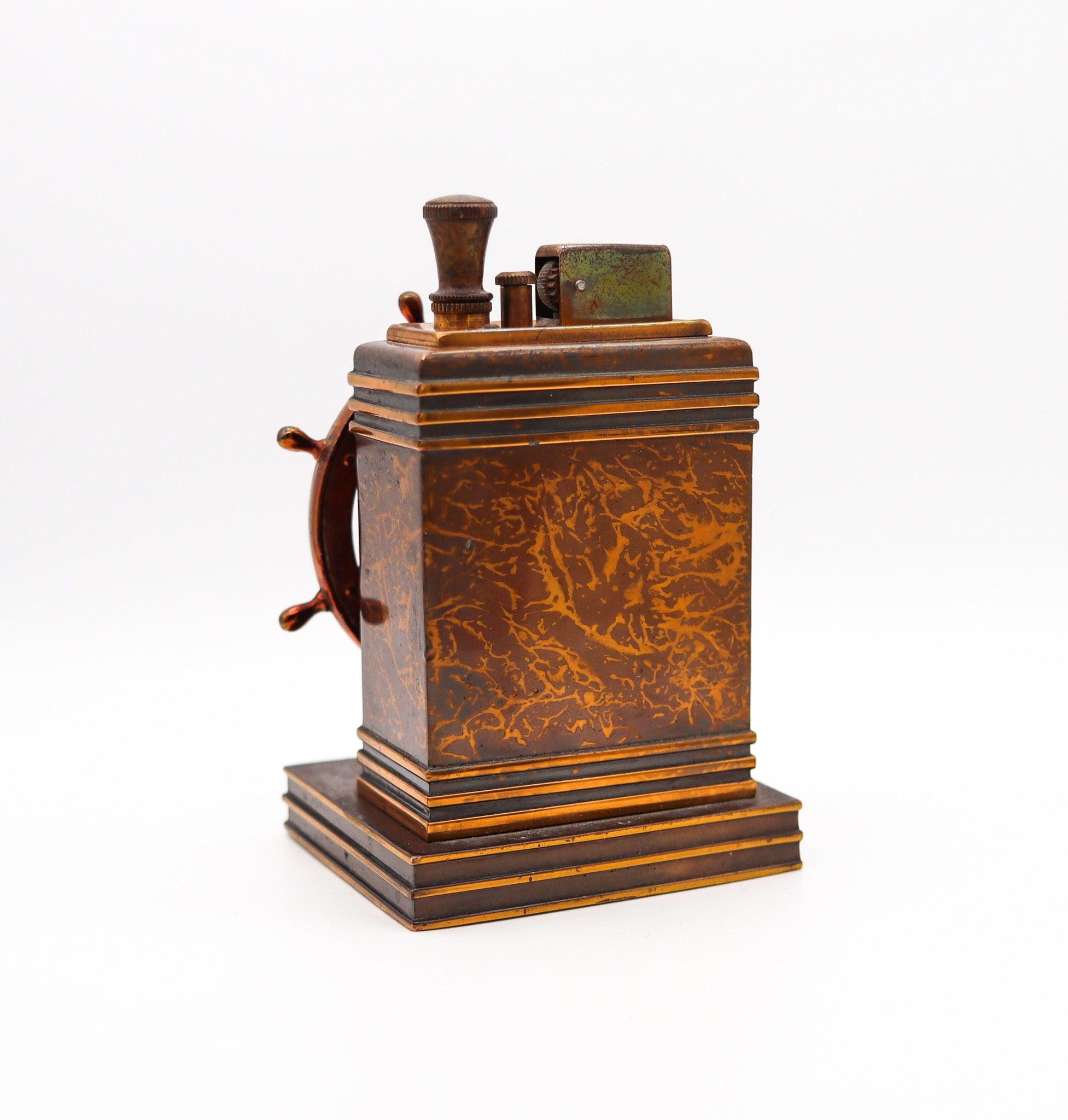 Lacquered RONSON 1939 Art Deco Dureum Brass Nautica Desk Touch-Tip Lighter For Sale
