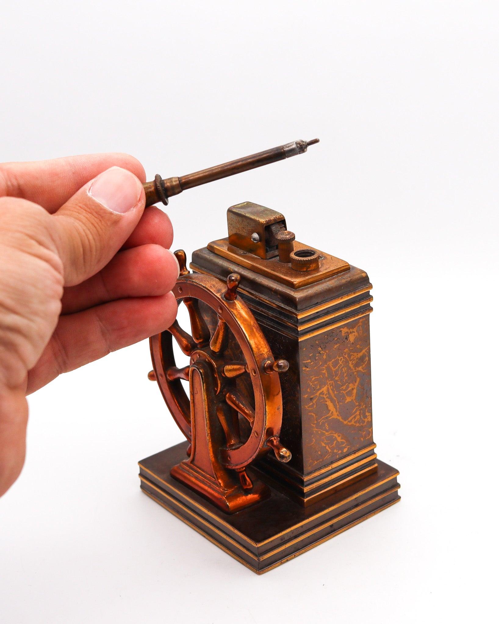 RONSON 1939 Art Deco Dureum Brass Nautical Desk Touch-Tip Lighter In Excellent Condition In Miami, FL