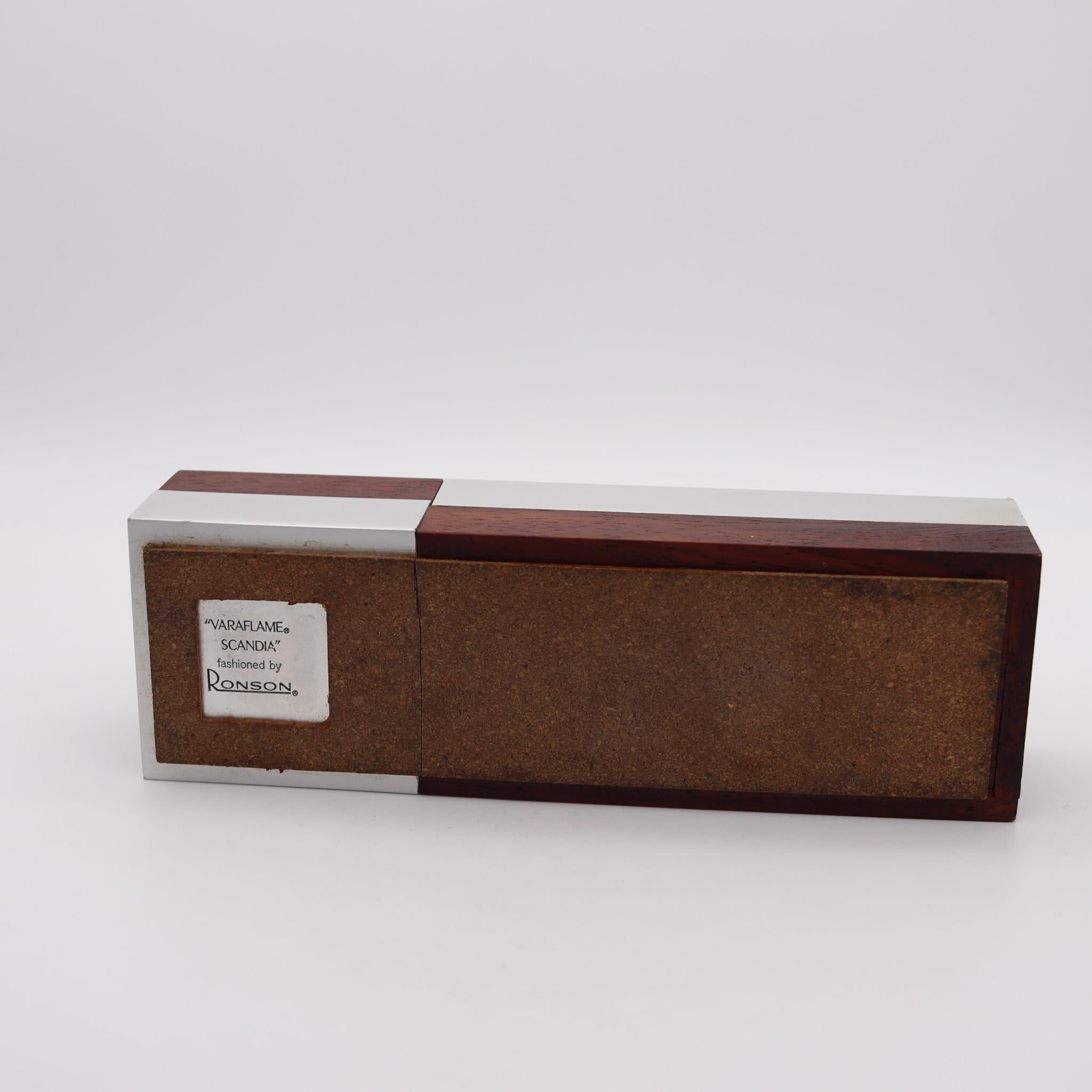 RONSON 1960 Germany Modernist Cigarette Lighter Box in Cedar & Brushed Aluminum For Sale 1
