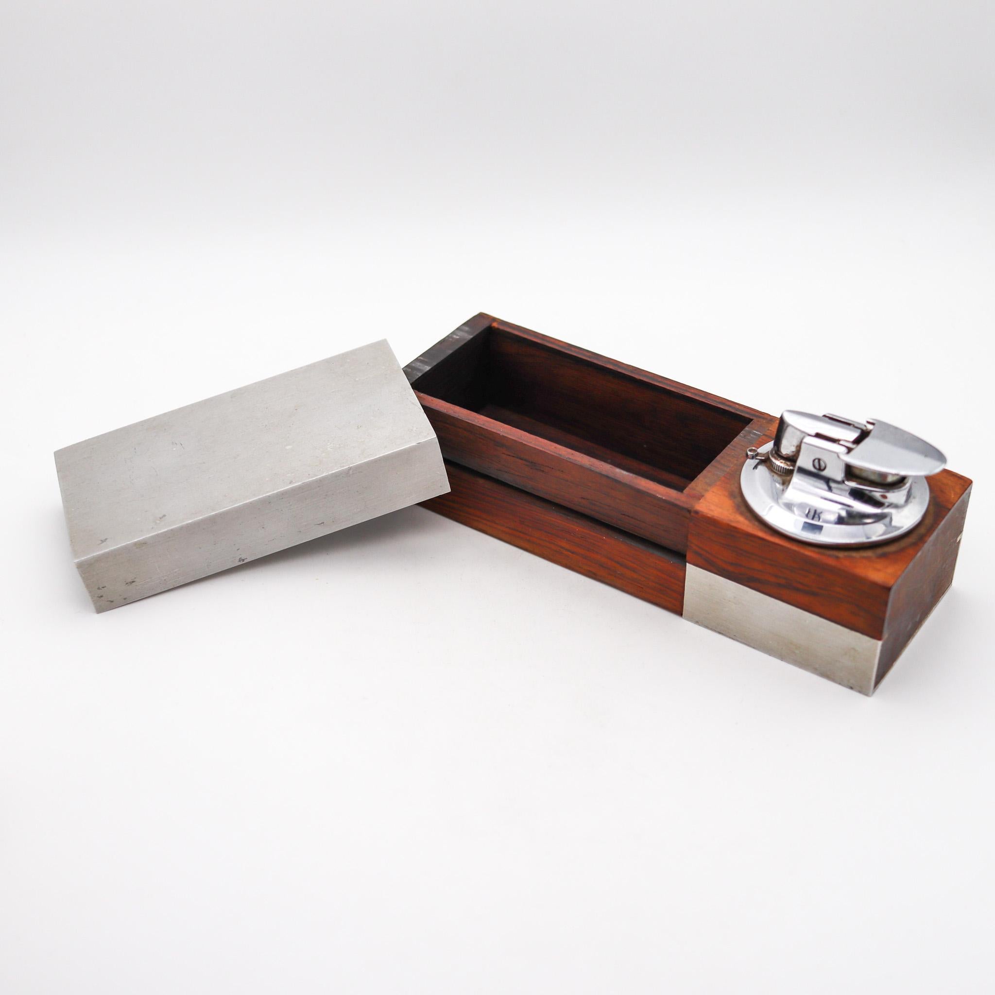 Mid-Century Modern Ronson 1960 Modernist Cigarette Box With Lighter Cedar Wood & Brushed Aluminum