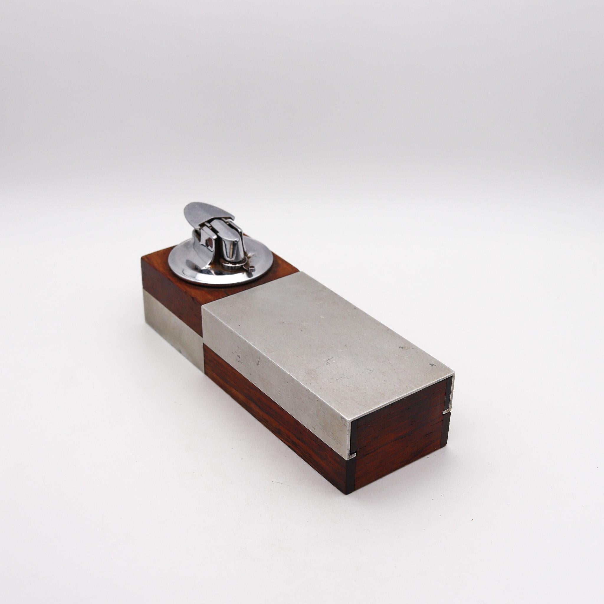 Mid-20th Century Ronson 1960 Modernist Cigarette Box With Lighter Cedar Wood & Brushed Aluminum