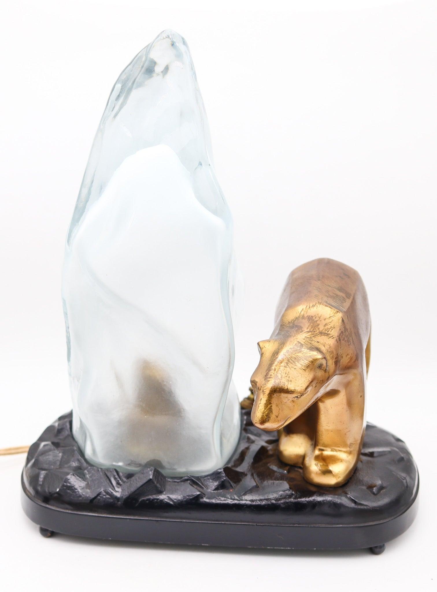 RONSON Lampe de bureau Art Déco 1920 Ours polaire et iceberg en bronze et verre d'art en vente 3