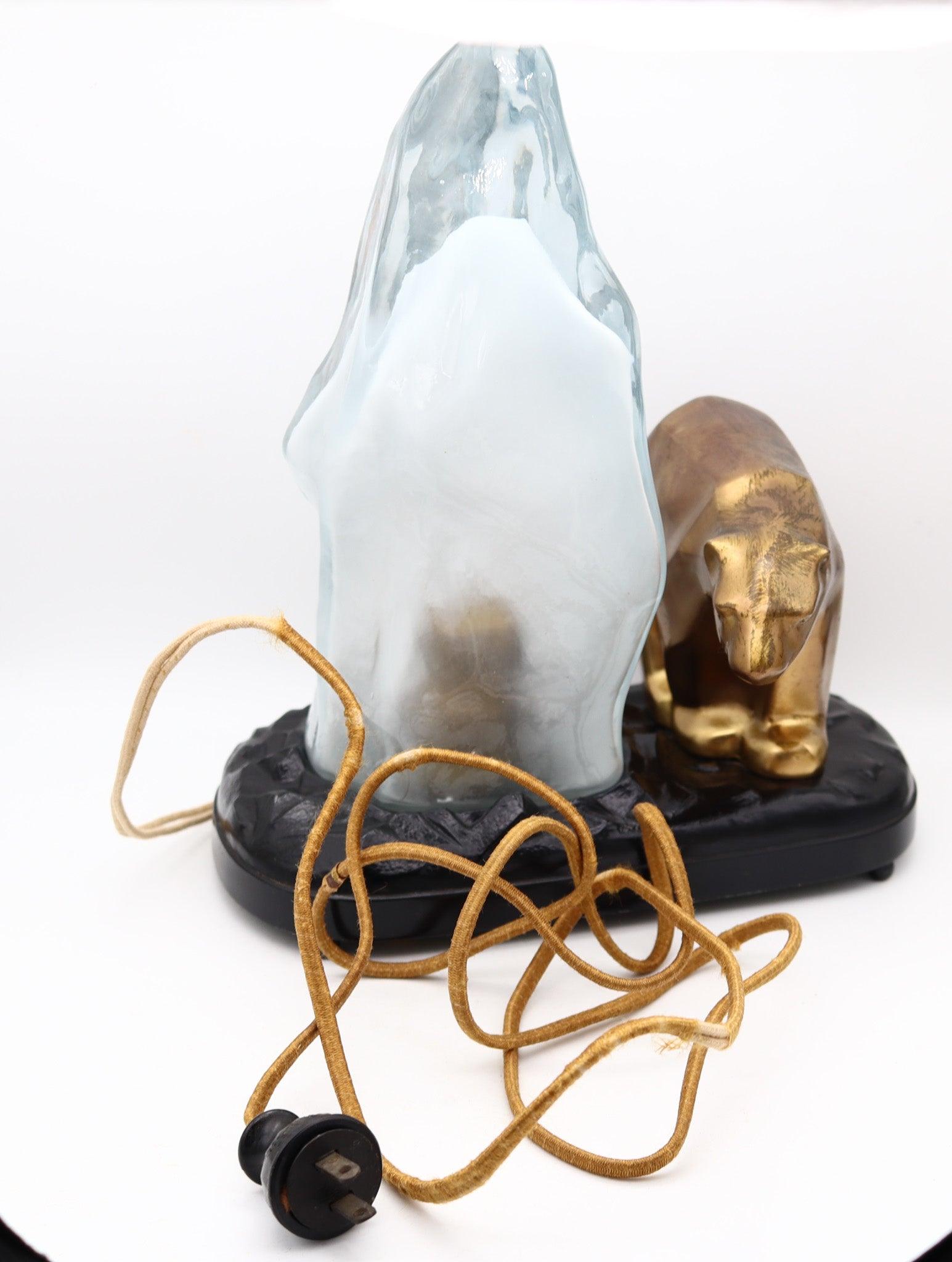 RONSON Lampe de bureau Art Déco 1920 Ours polaire et iceberg en bronze et verre d'art en vente 5