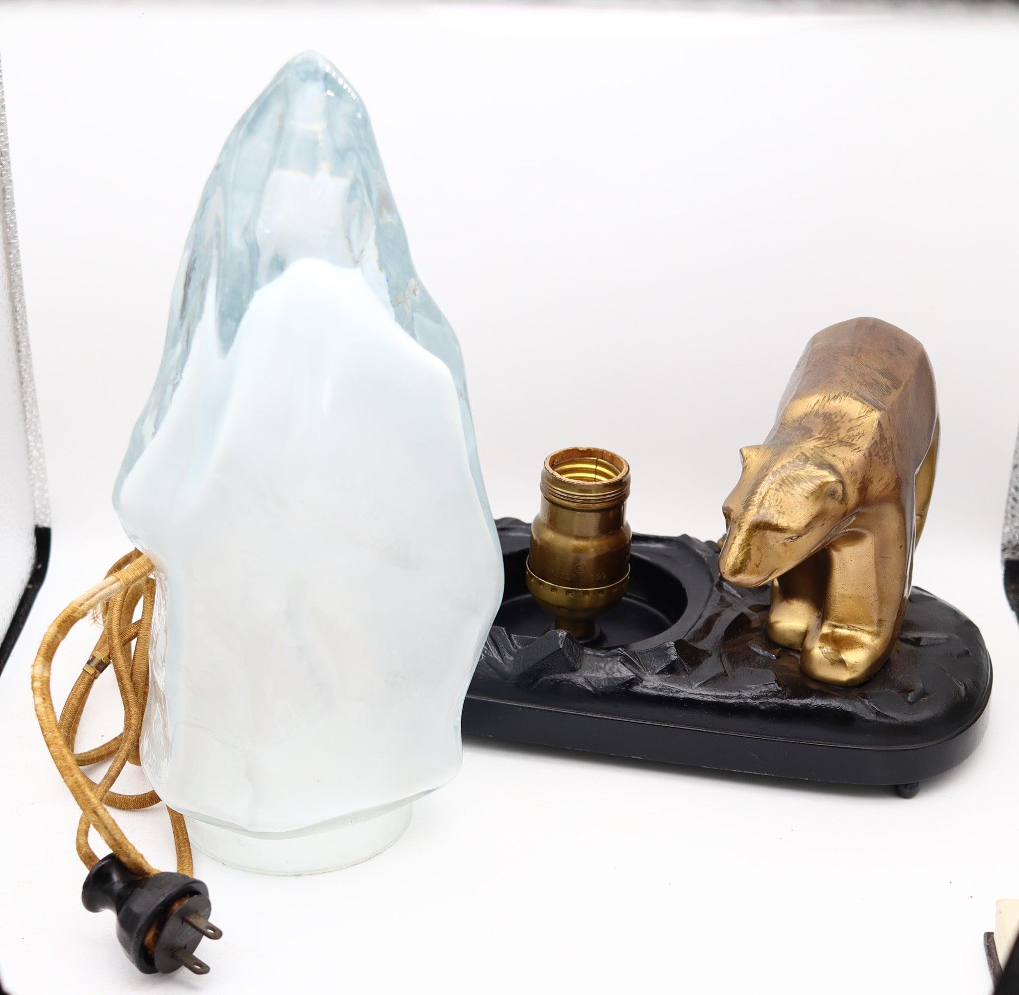 RONSON Lampe de bureau Art Déco 1920 Ours polaire et iceberg en bronze et verre d'art en vente 1