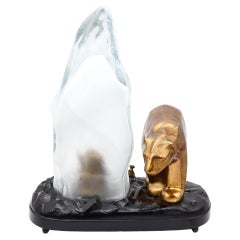 RONSON Art Deco 1920 Polar Bear And Iceberg Desk Lamp In Bronze and Art-Glass