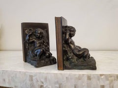 1920s American Art Deco Ronson Cherub & Butterfly Patinated Bronze Bookend Pair