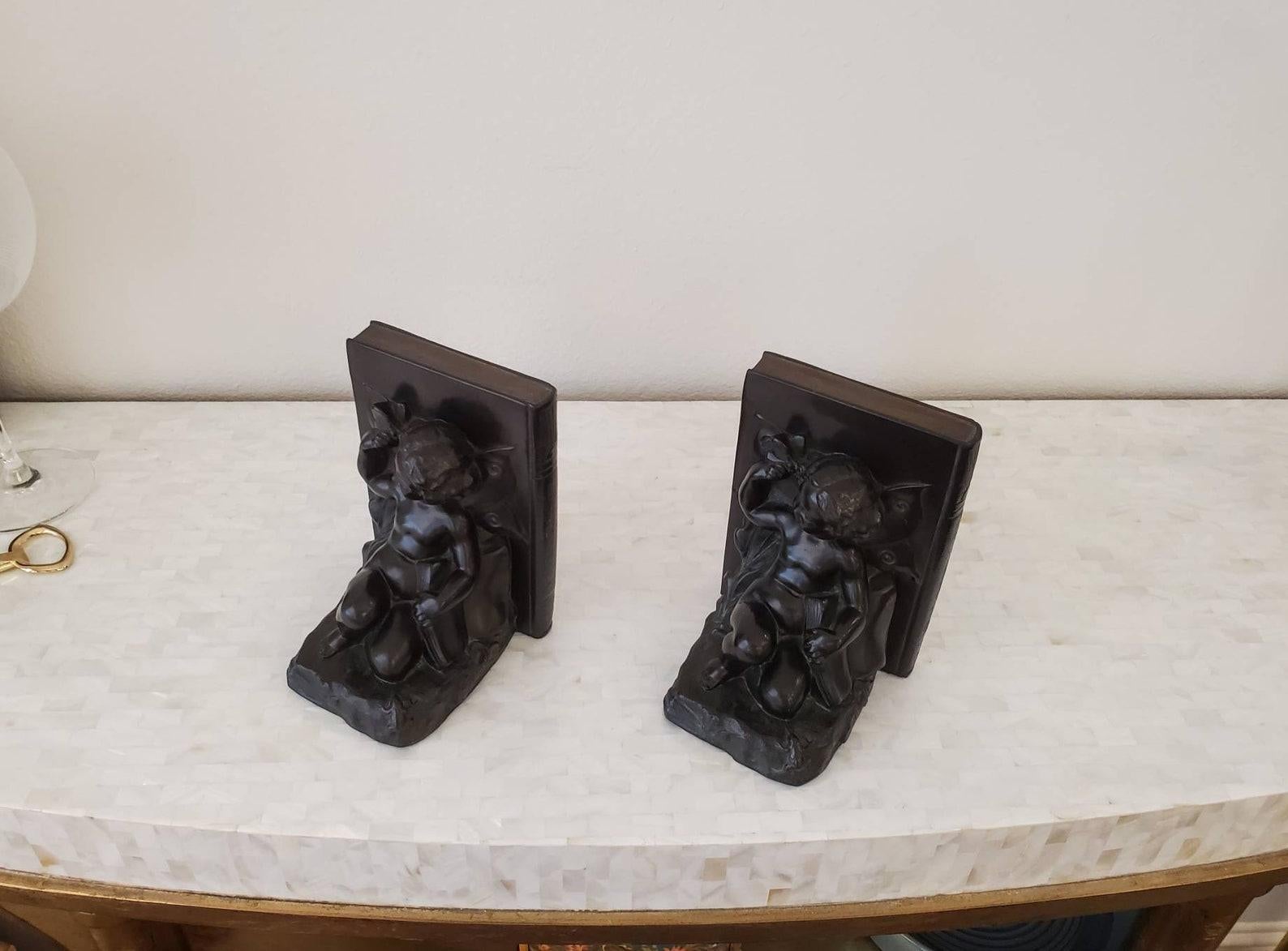 1920s American Art Deco Ronson Cherub & Butterfly Patinated Bronze Bookend Pair For Sale 1