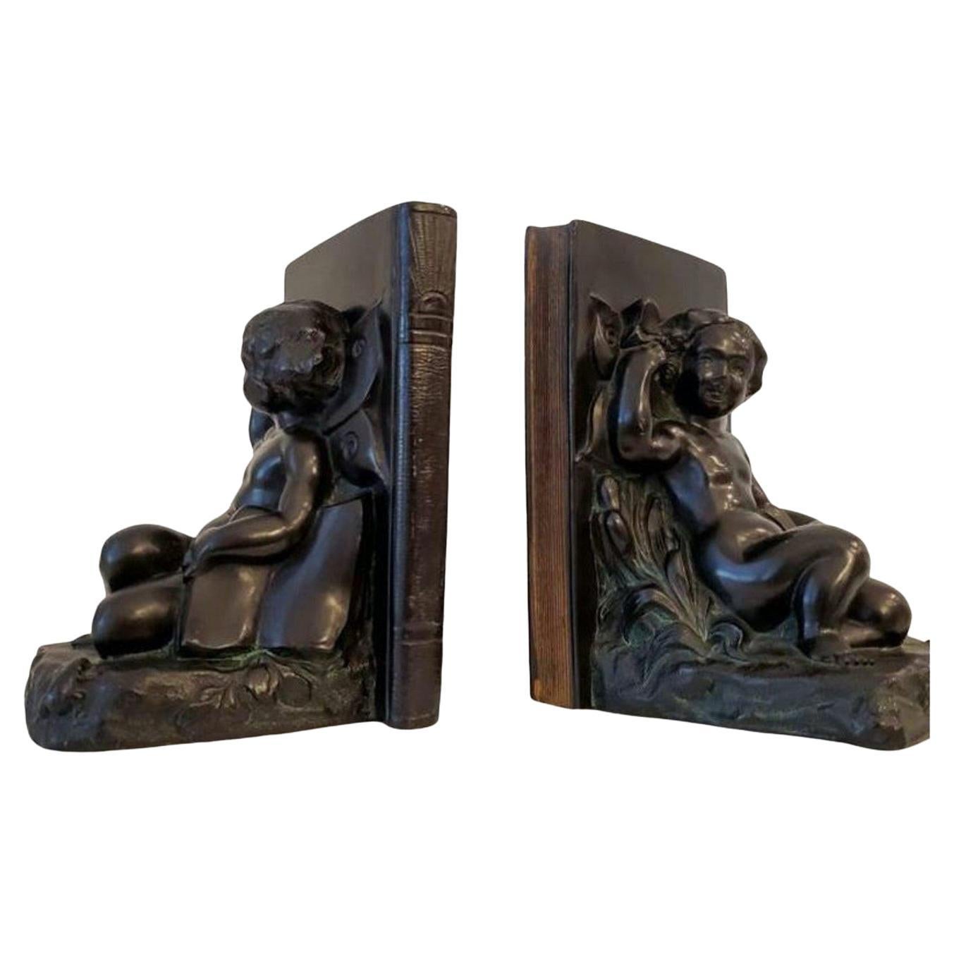 1920s American Art Deco Ronson Cherub & Butterfly Patinated Bronze Bookend Pair