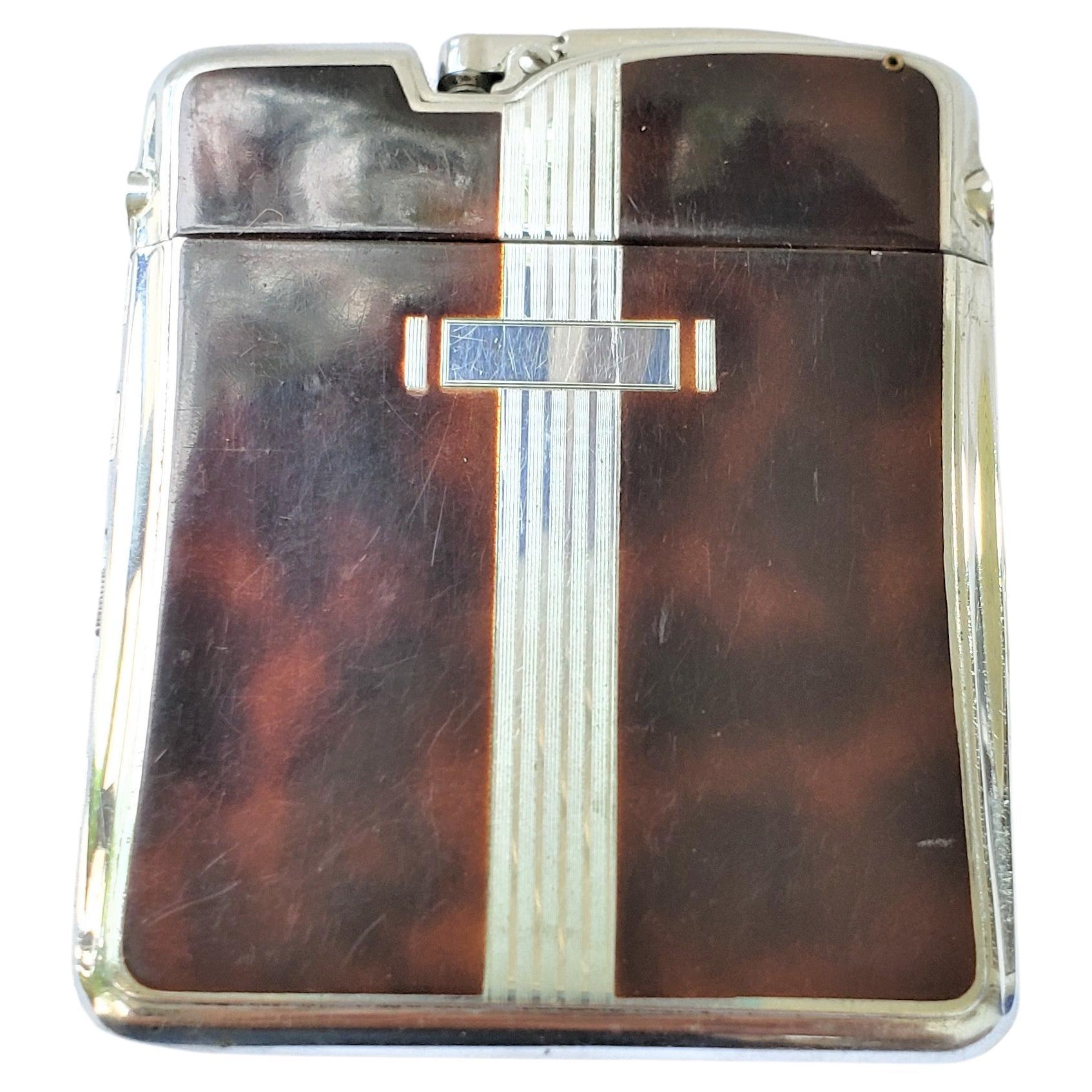 Ronson Art Metal Works Chrome & Enamel Cigarette Case with Built In Lighter For Sale