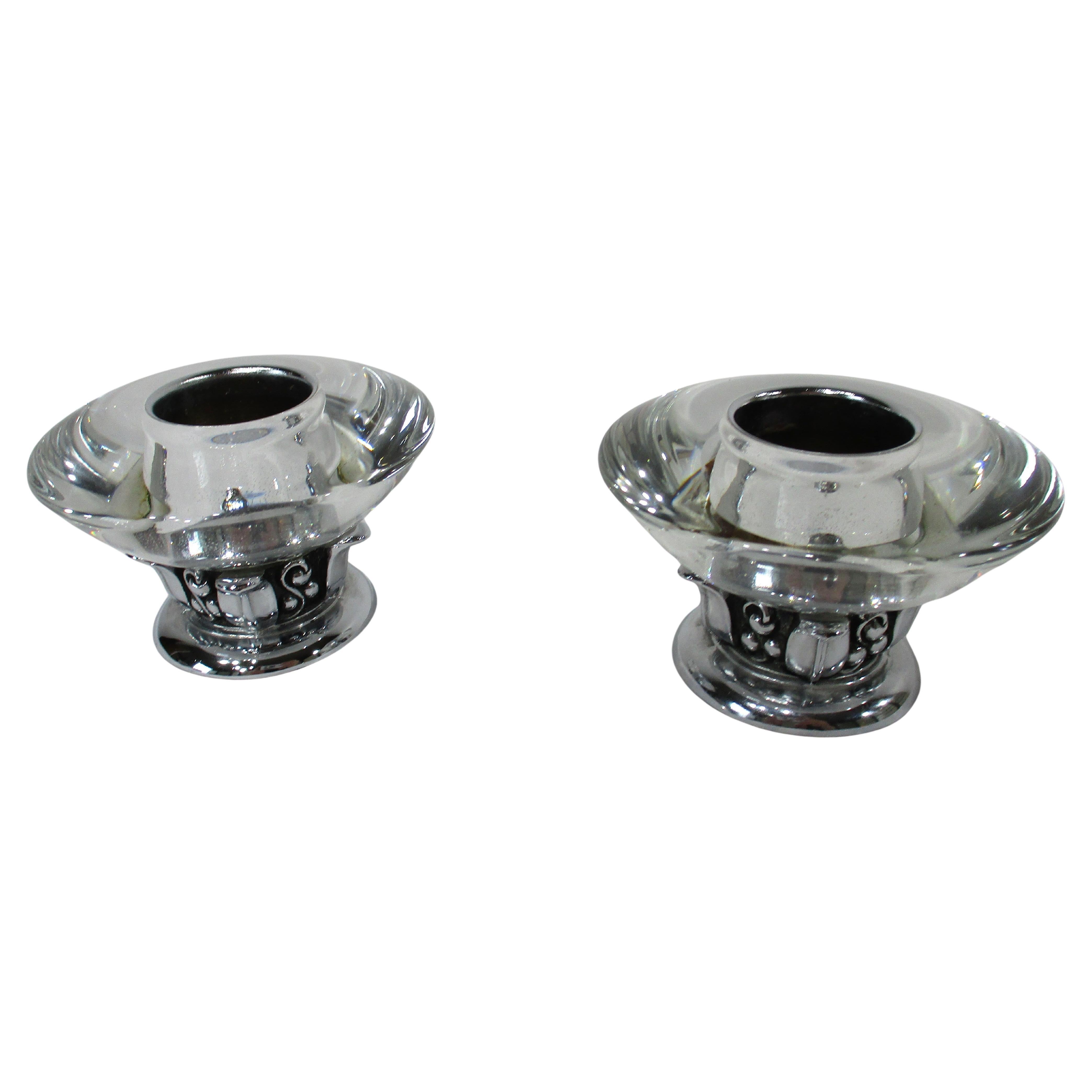 Art Deco Ronson Glass / Chrome Candlesticks for Ronson Lighter Company For Sale