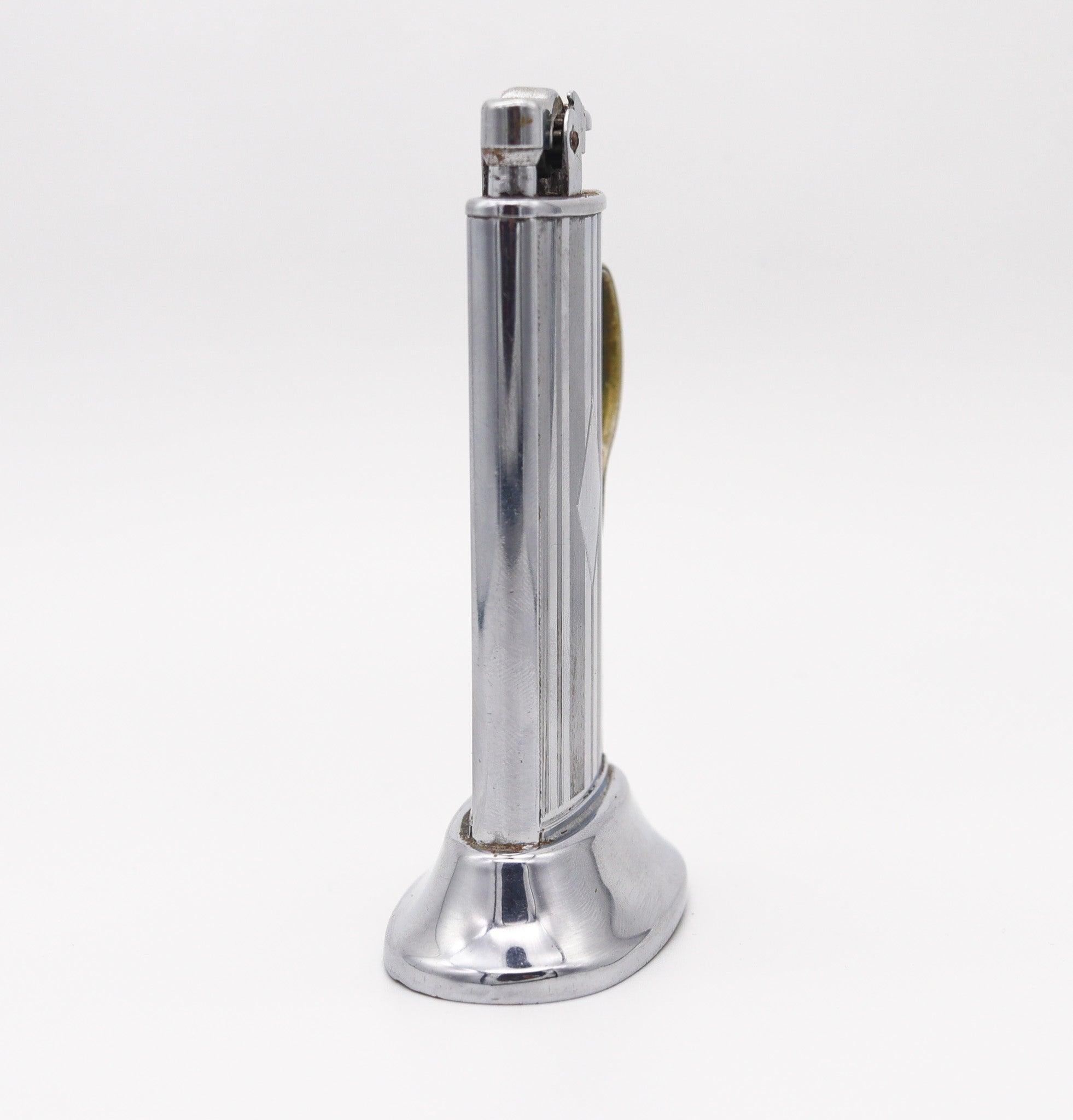 American RONSON USA 1927 Art Deco Tabourette Desk Lighter In Chromed Steel For Sale