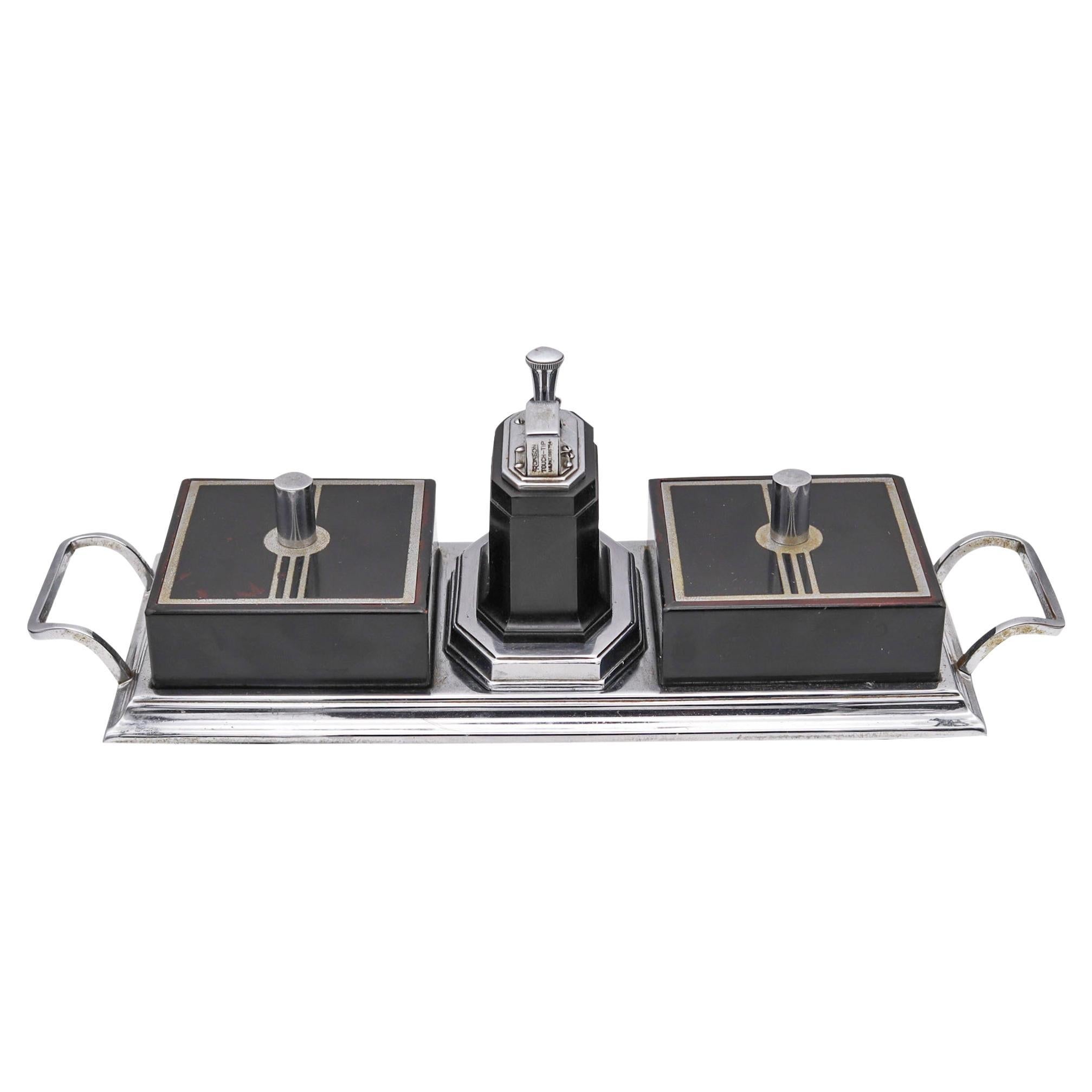 Ronson USA 1935 Art Deco Black Lacquered Desk Box With Octette Touch Tip Lighter For Sale