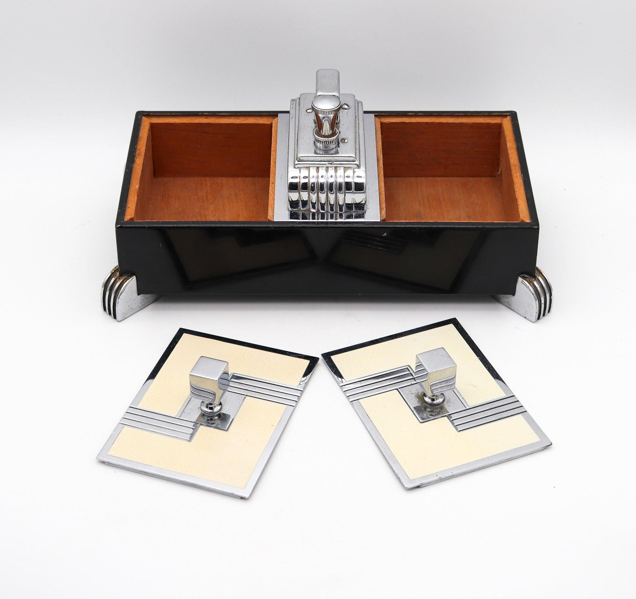 RONSON USA 1935 Art Deco Black Lacquered Desk Double Box & Touch Tip Lighter 1
