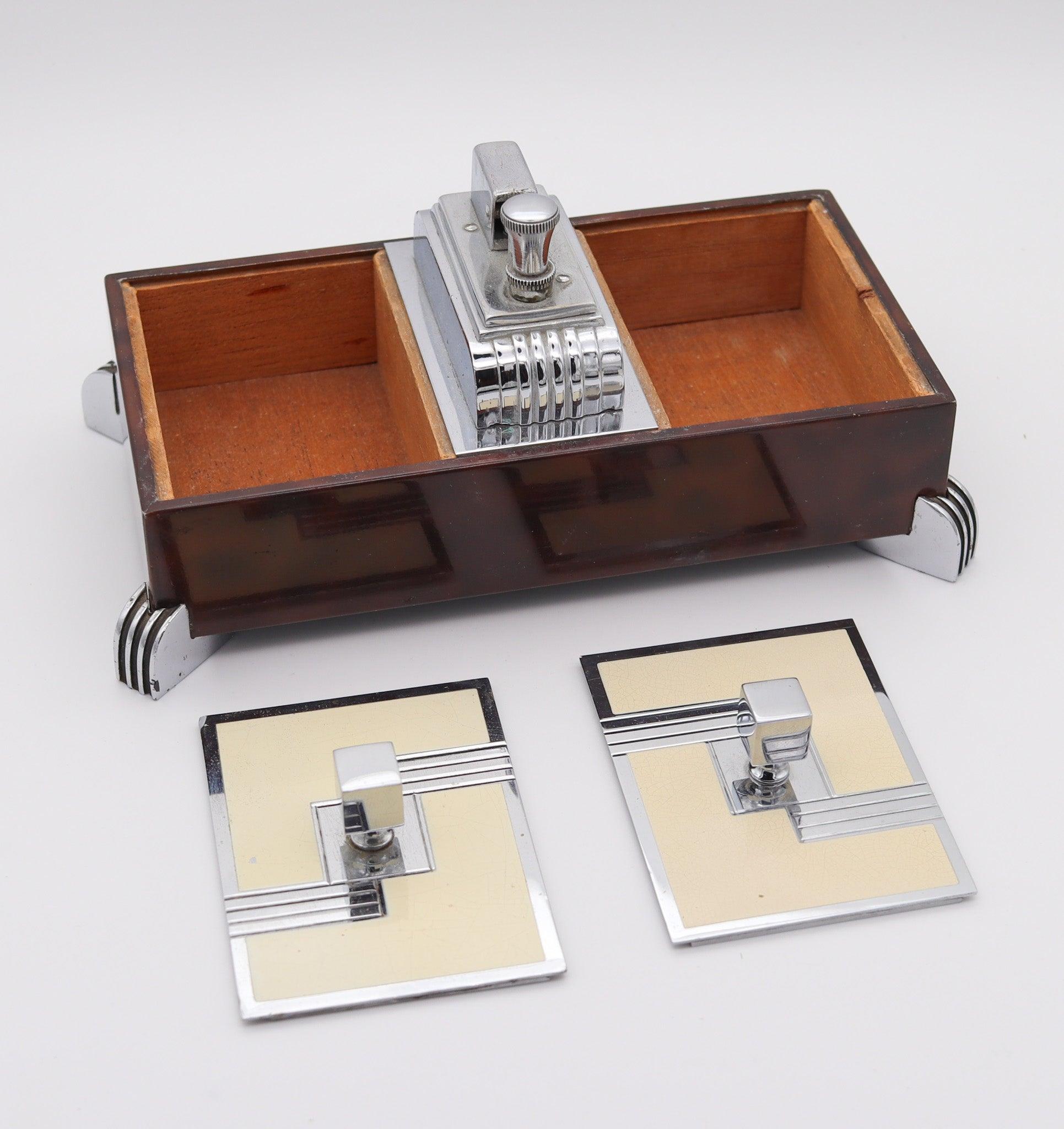 RONSON USA 1935 Machine Age Brown Laquer Desk Double Box With Touch Tip Lights en vente 1