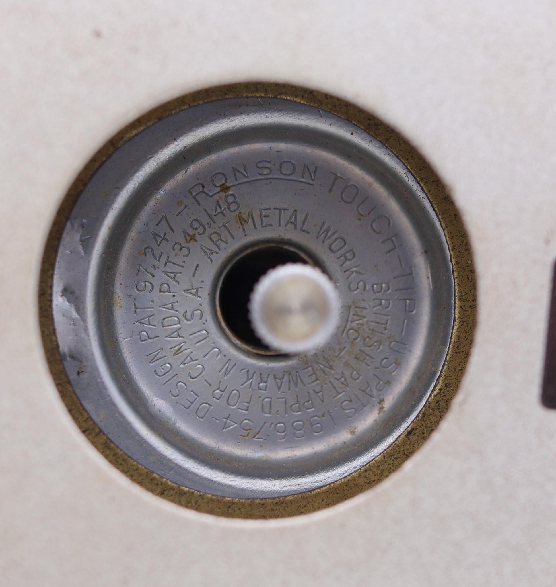 Bronze Ronson USA 1936 Art Deco Mechanical Cigarette Dispenser Box & Touch Tip Lighter