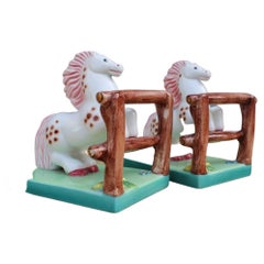Ronzan 1940s Italy Ceramic Bookends With Horses and Fence