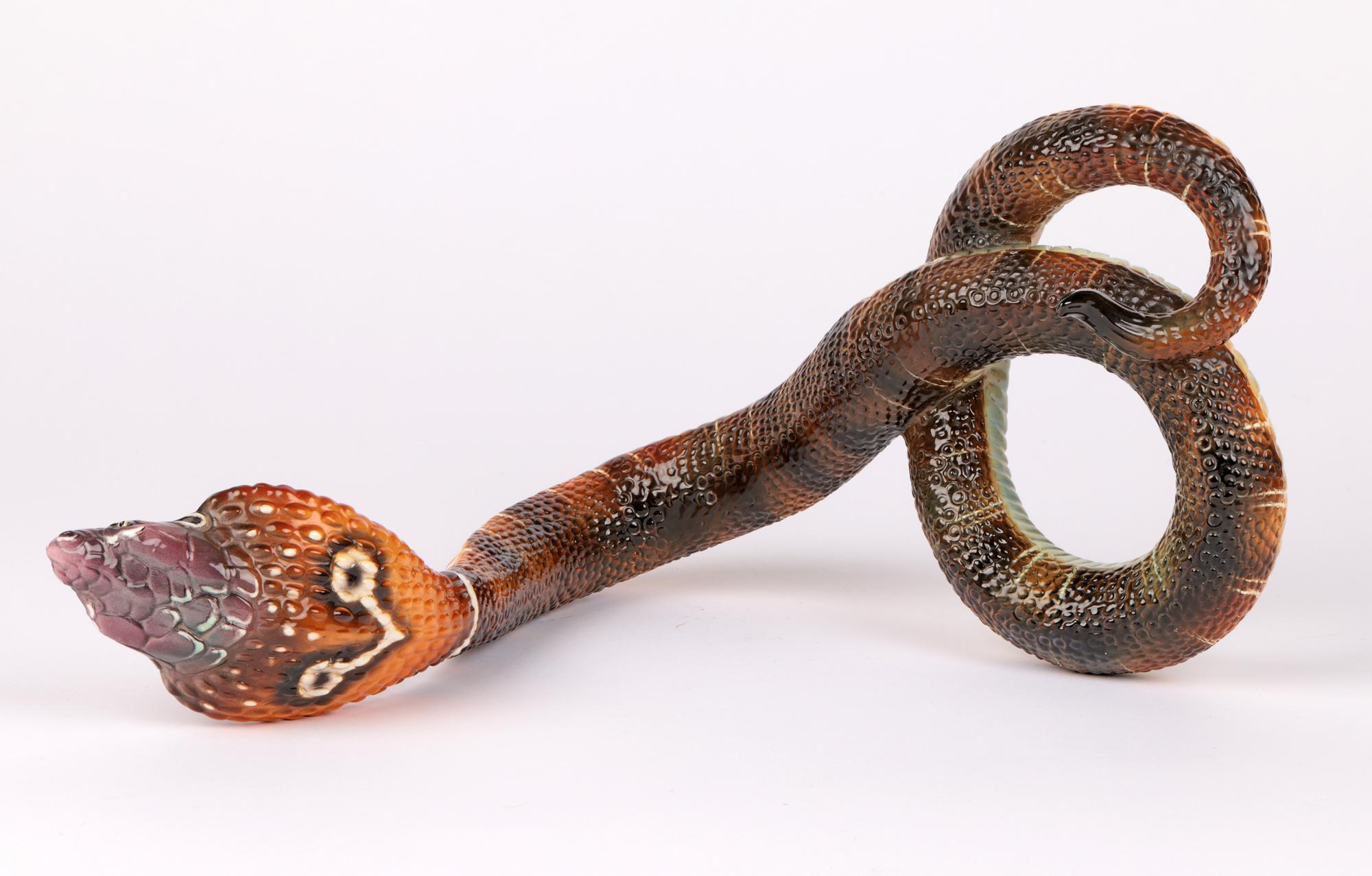 Glazed Ronzan Italian Midcentury Large Ceramic Pottery Cobra Snake 