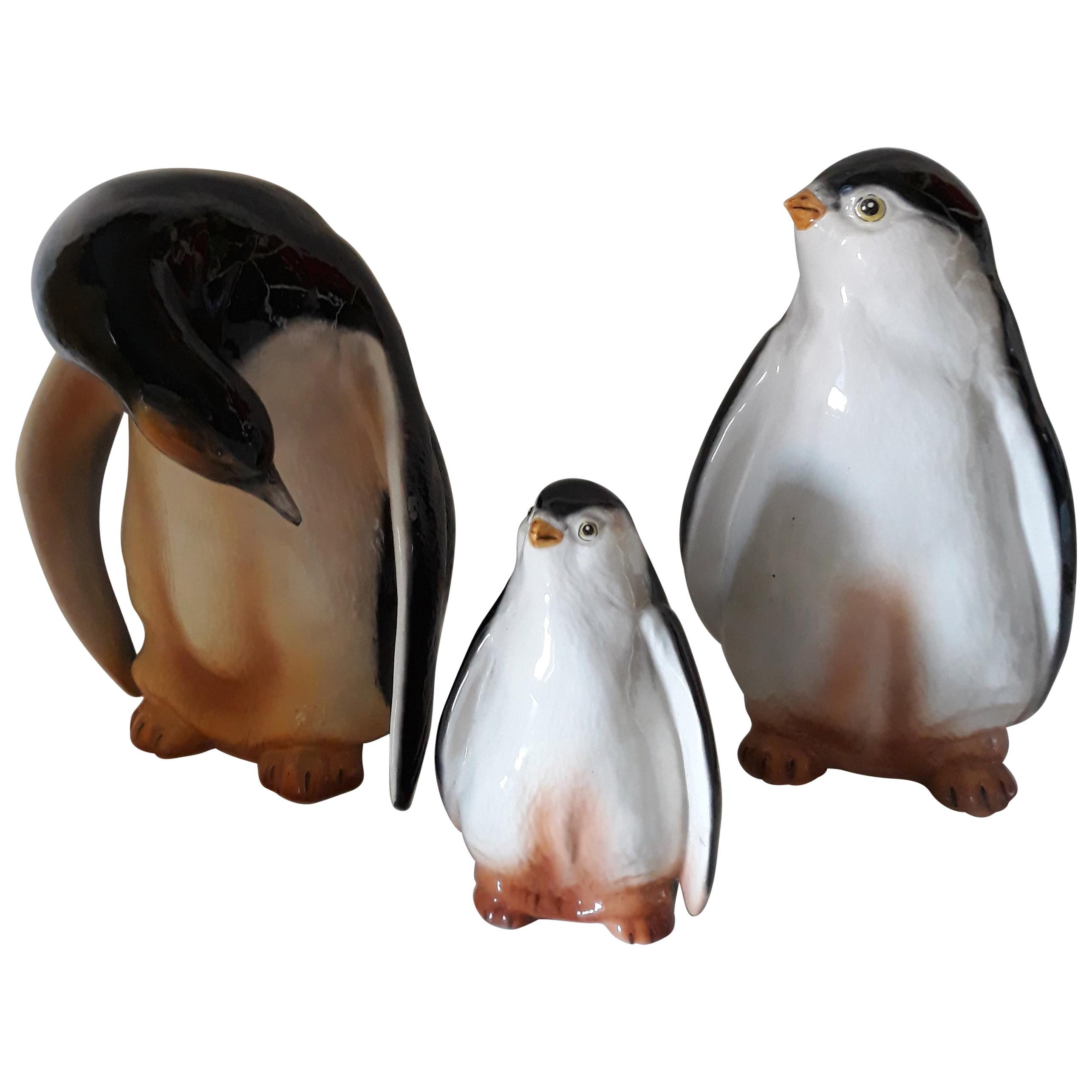 'Ronzan' Lenci Group of Three Ceramic Penguins Signed, Italy, 1950 One is a Lamp For Sale