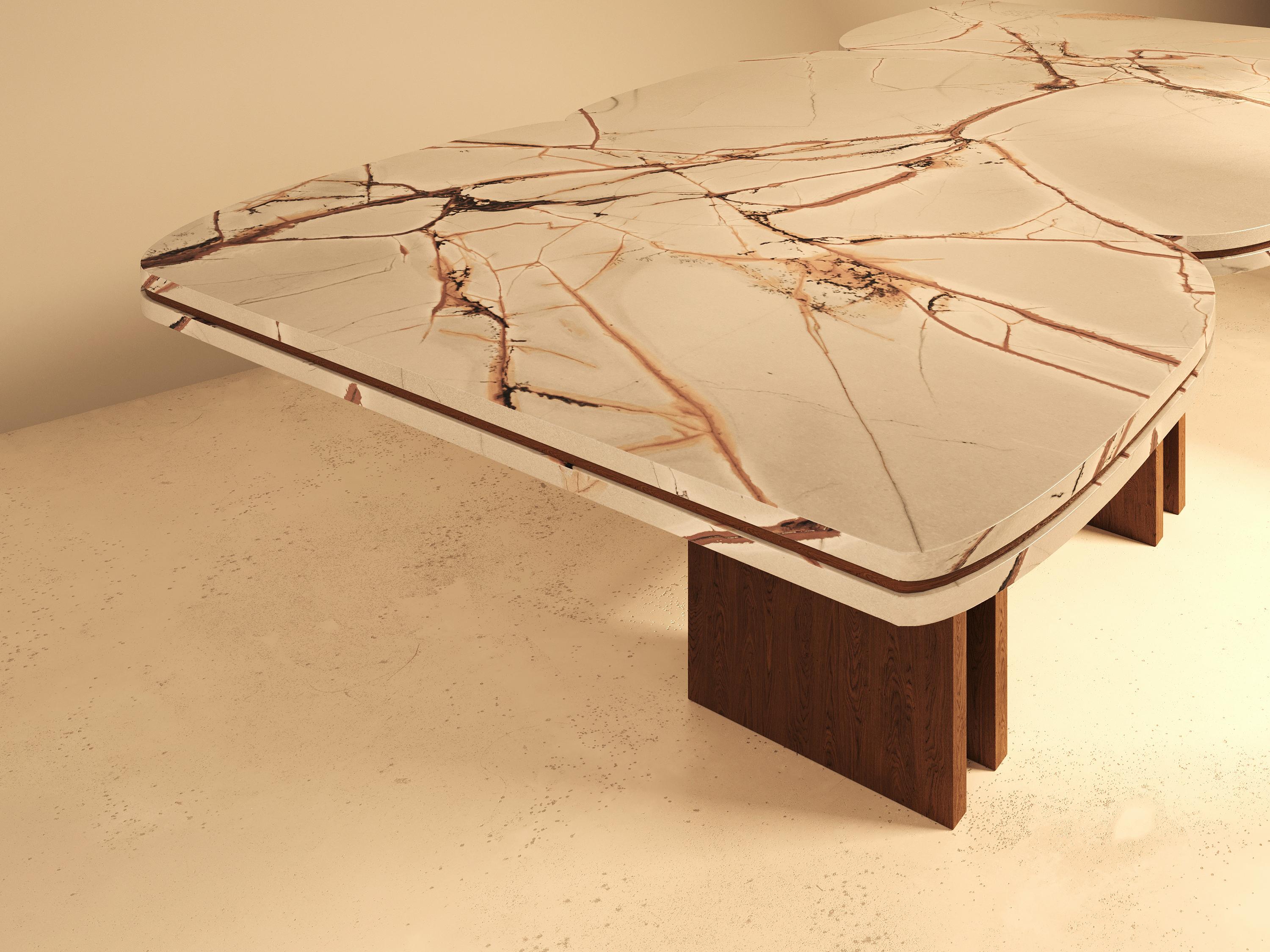 Rood Dining Table in Walnut with Brass Detailing and Marble Base by VandaVee For Sale 4