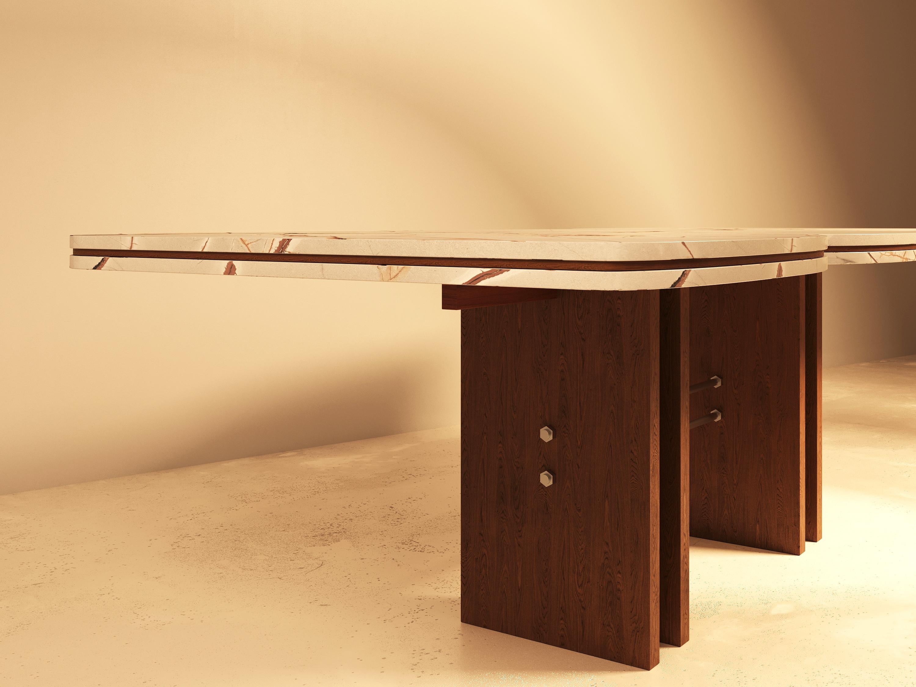 Rood Dining Table in Walnut with Brass Detailing and Marble Base by VandaVee For Sale 5