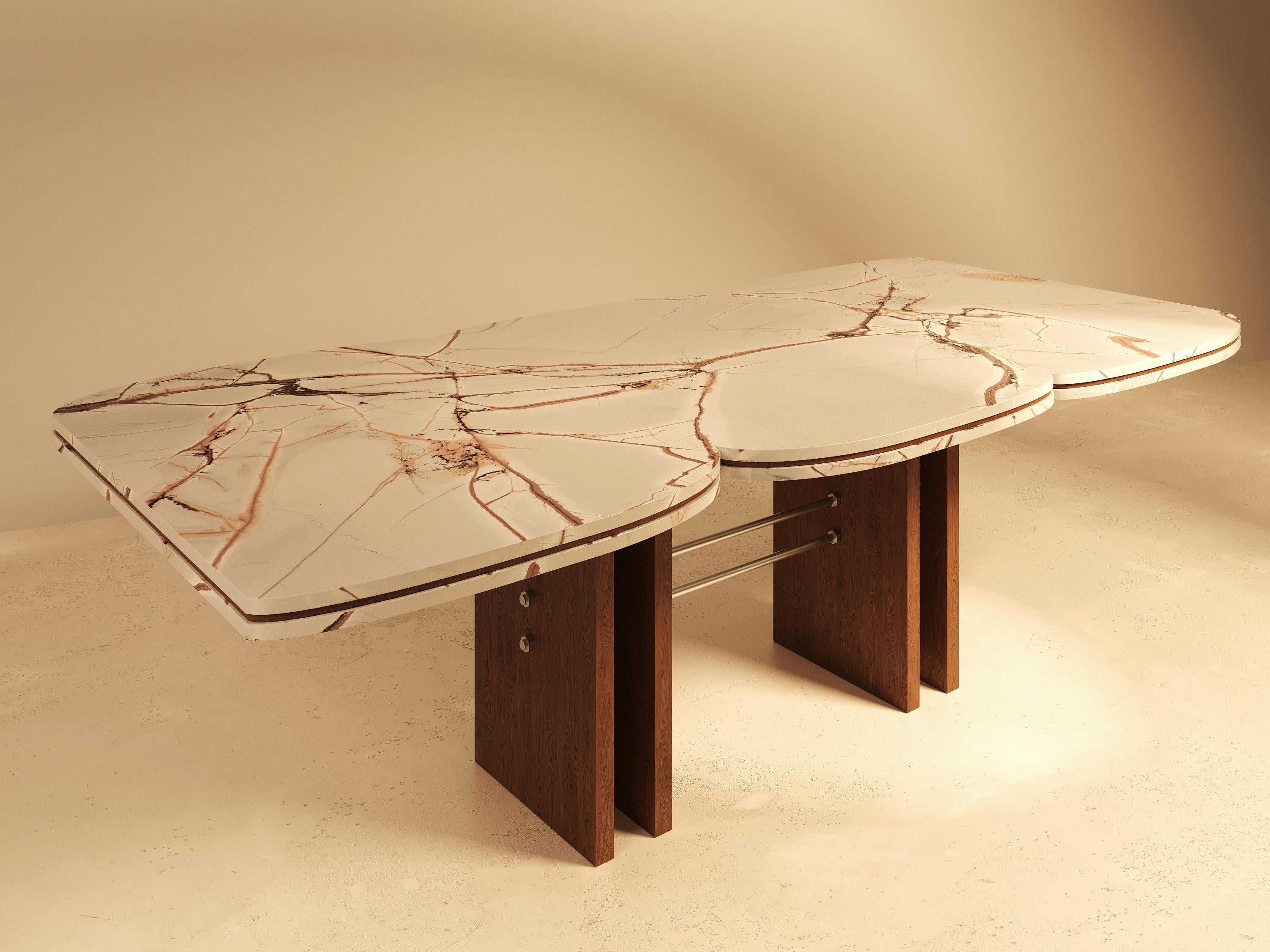 Rood Dining Table in Walnut with Brass Detailing and Marble Base by VandaVee For Sale 6