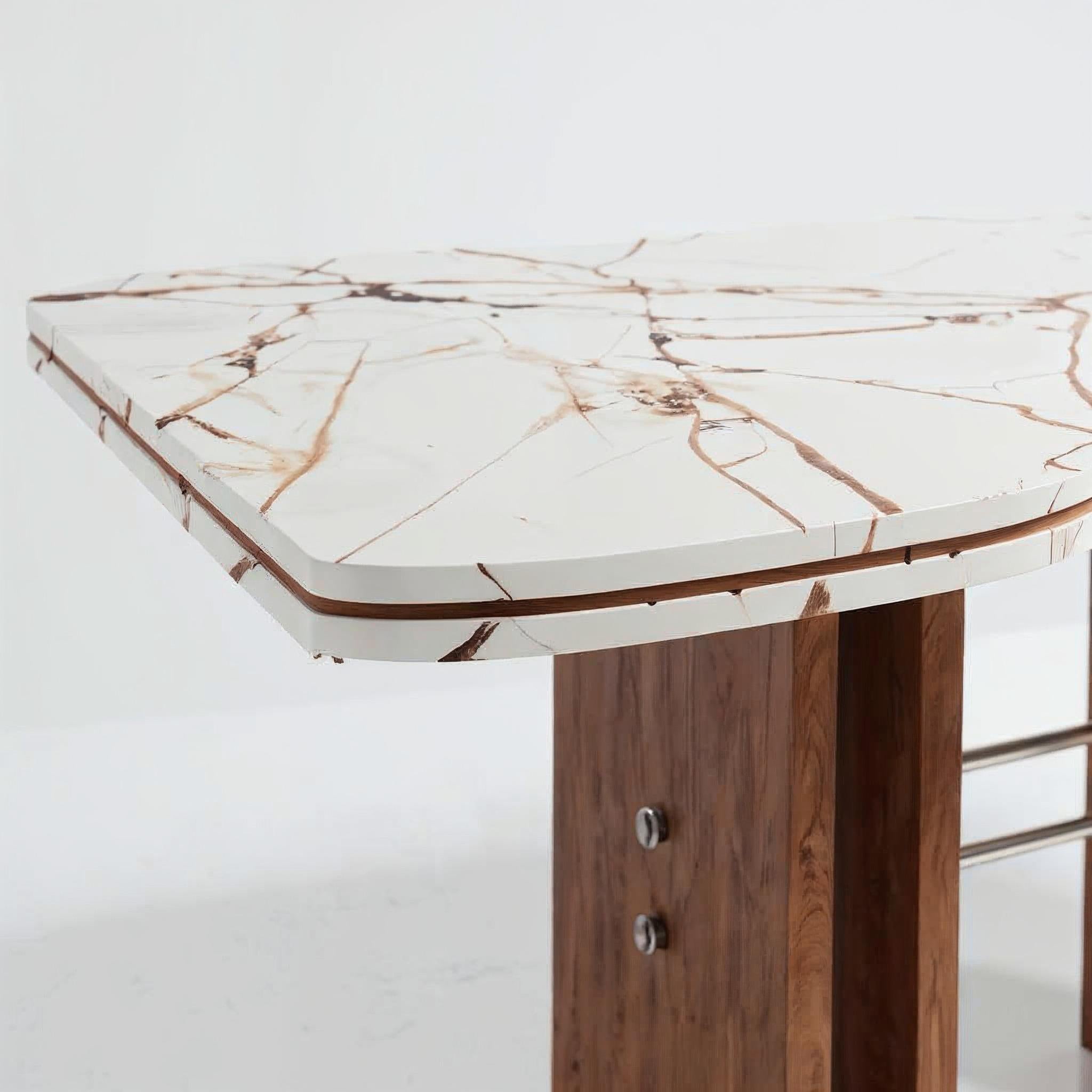 Rood is a dining table composed like a sentence — clear direct and rhythmic. Its construction brings together marble walnut and brass in a conversation between strength and warmth permanence and light. The name Rood which echoes with poetic