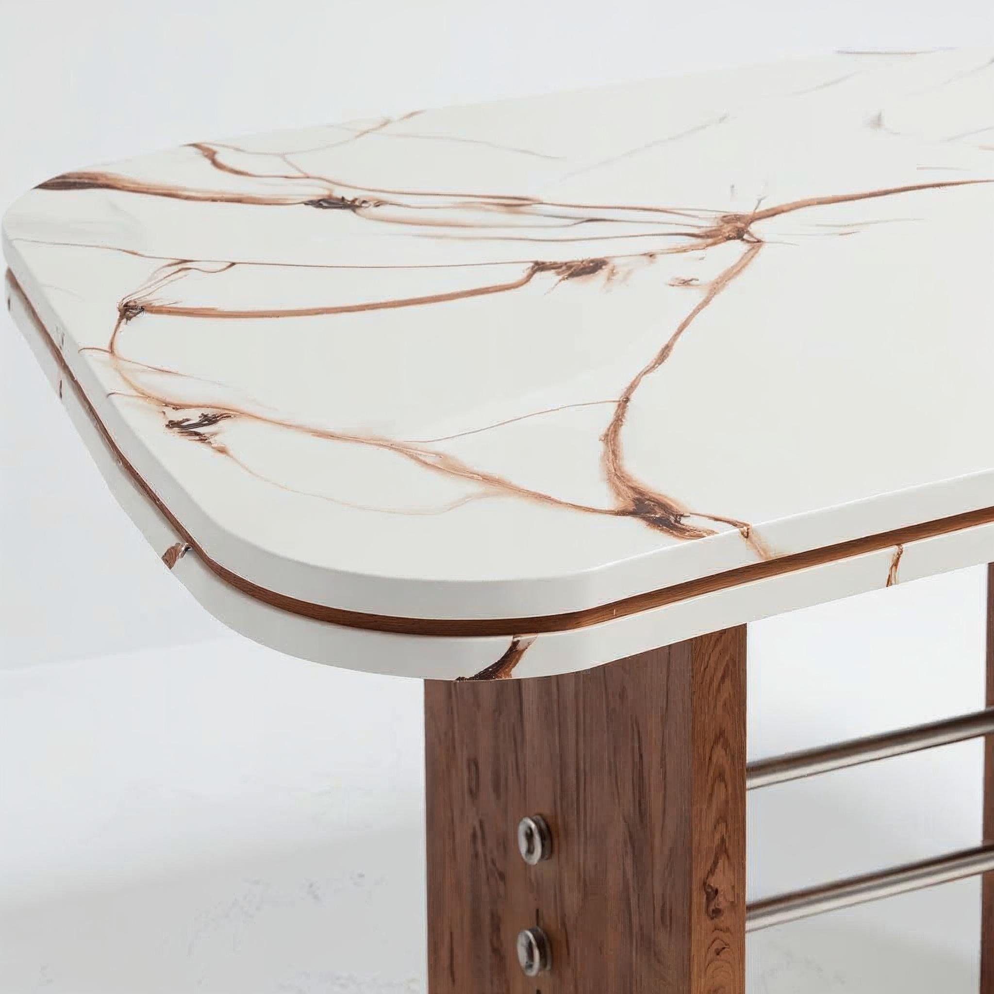 Modern Rood Dining Table in Walnut with Brass Detailing and Marble Base by VandaVee For Sale