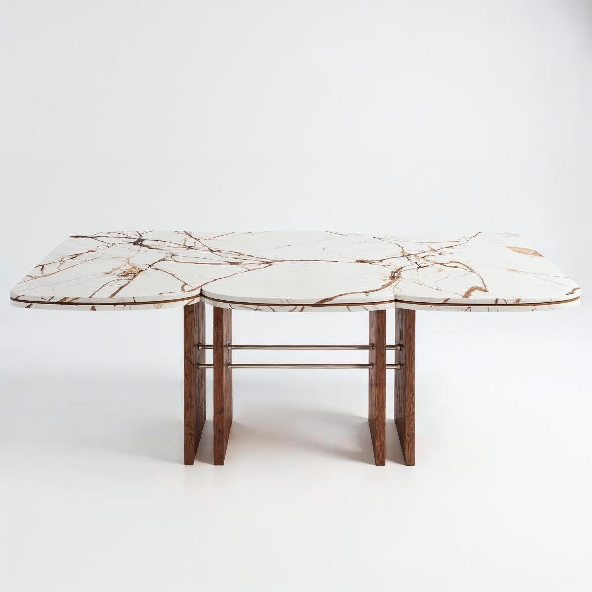 Hand-Carved Rood Dining Table in Walnut with Brass Detailing and Marble Base by VandaVee For Sale